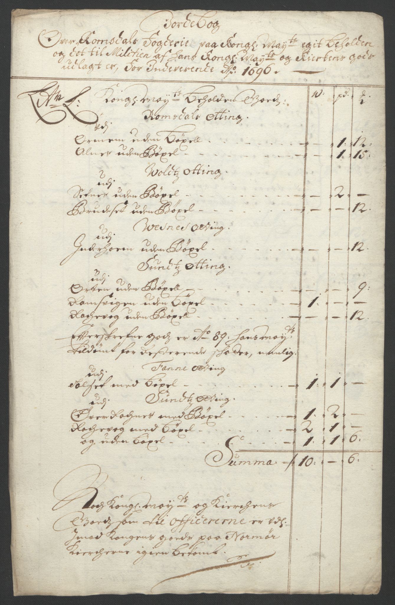 Rentekammeret inntil 1814, Reviderte regnskaper, Fogderegnskap, RA/EA-4092/R55/L3652: Fogderegnskap Romsdal, 1695-1696, p. 257