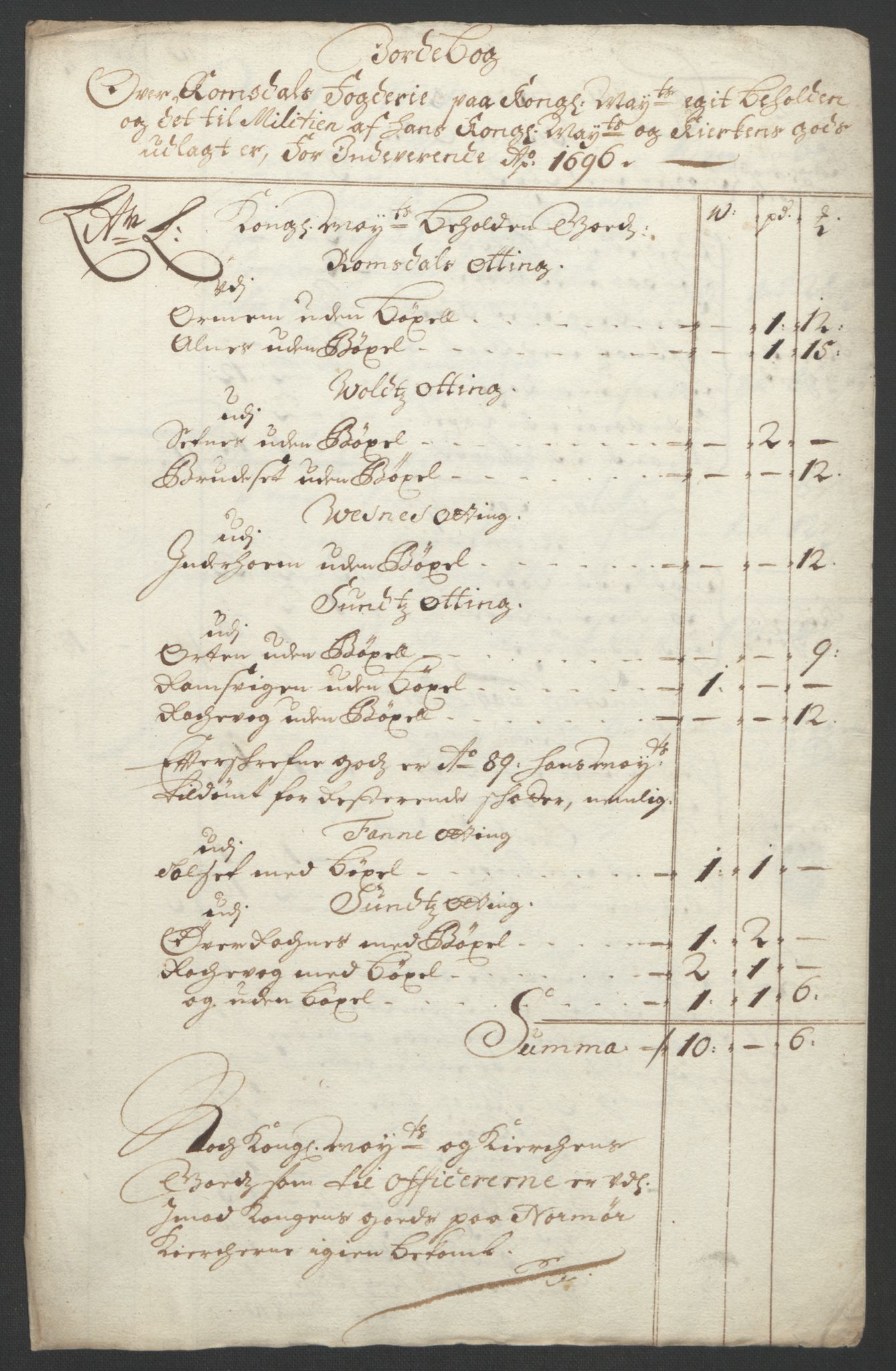 Rentekammeret inntil 1814, Reviderte regnskaper, Fogderegnskap, AV/RA-EA-4092/R55/L3652: Fogderegnskap Romsdal, 1695-1696, p. 257