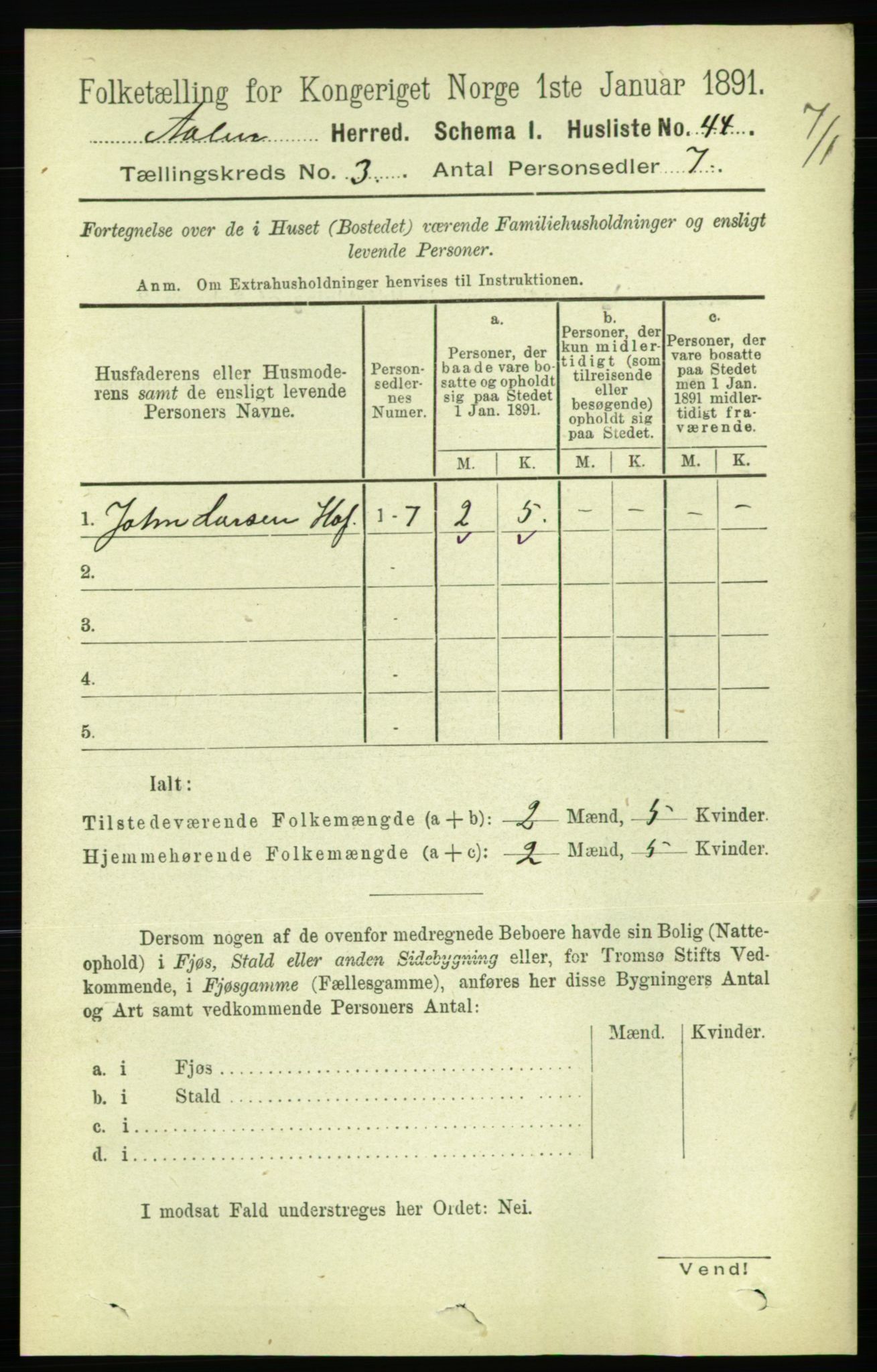 RA, 1891 census for 1644 Ålen, 1891, p. 729