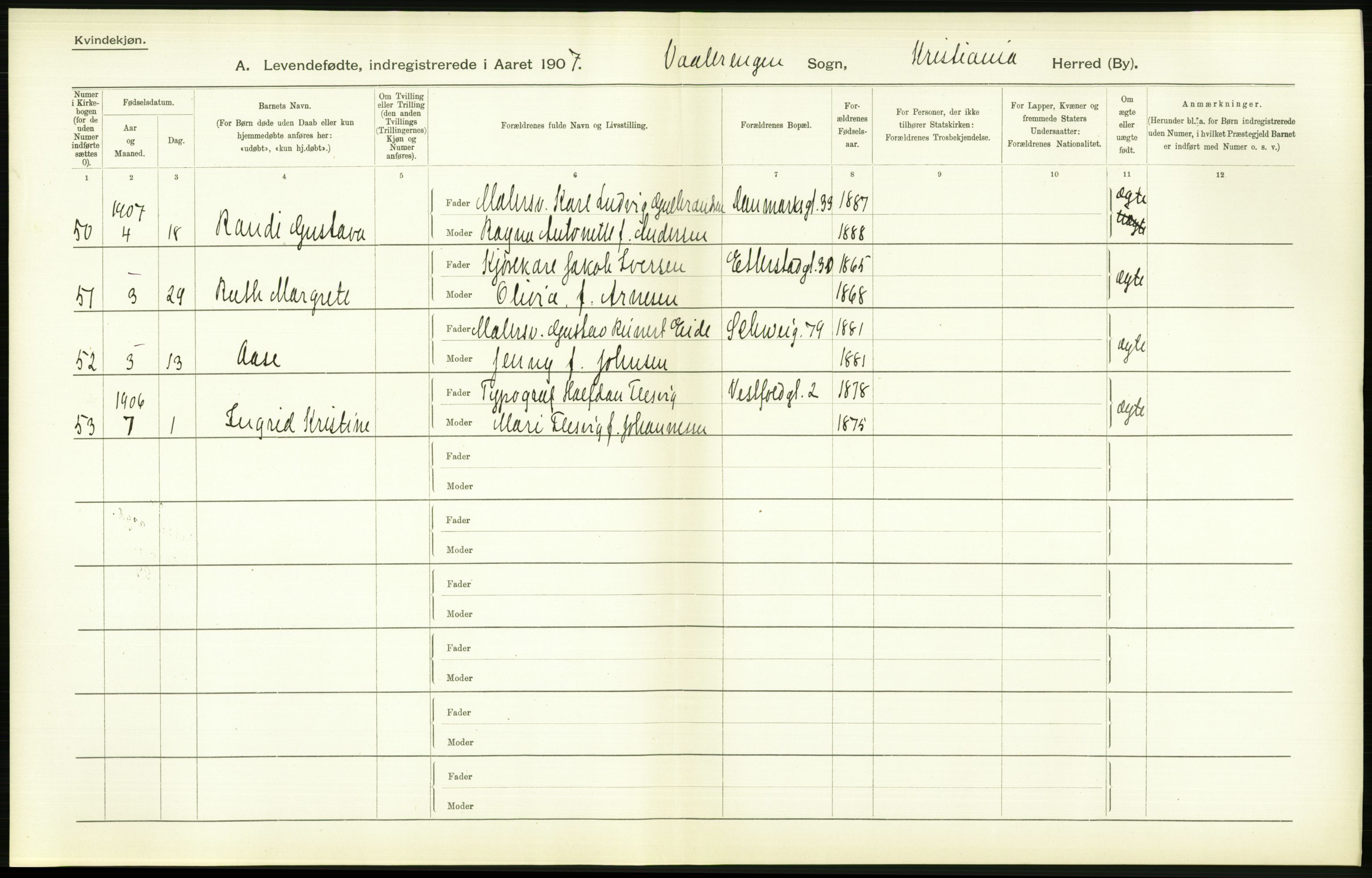 Statistisk sentralbyrå, Sosiodemografiske emner, Befolkning, AV/RA-S-2228/D/Df/Dfa/Dfae/L0007: Kristiania: Levendefødte menn og kvinner., 1907, p. 568