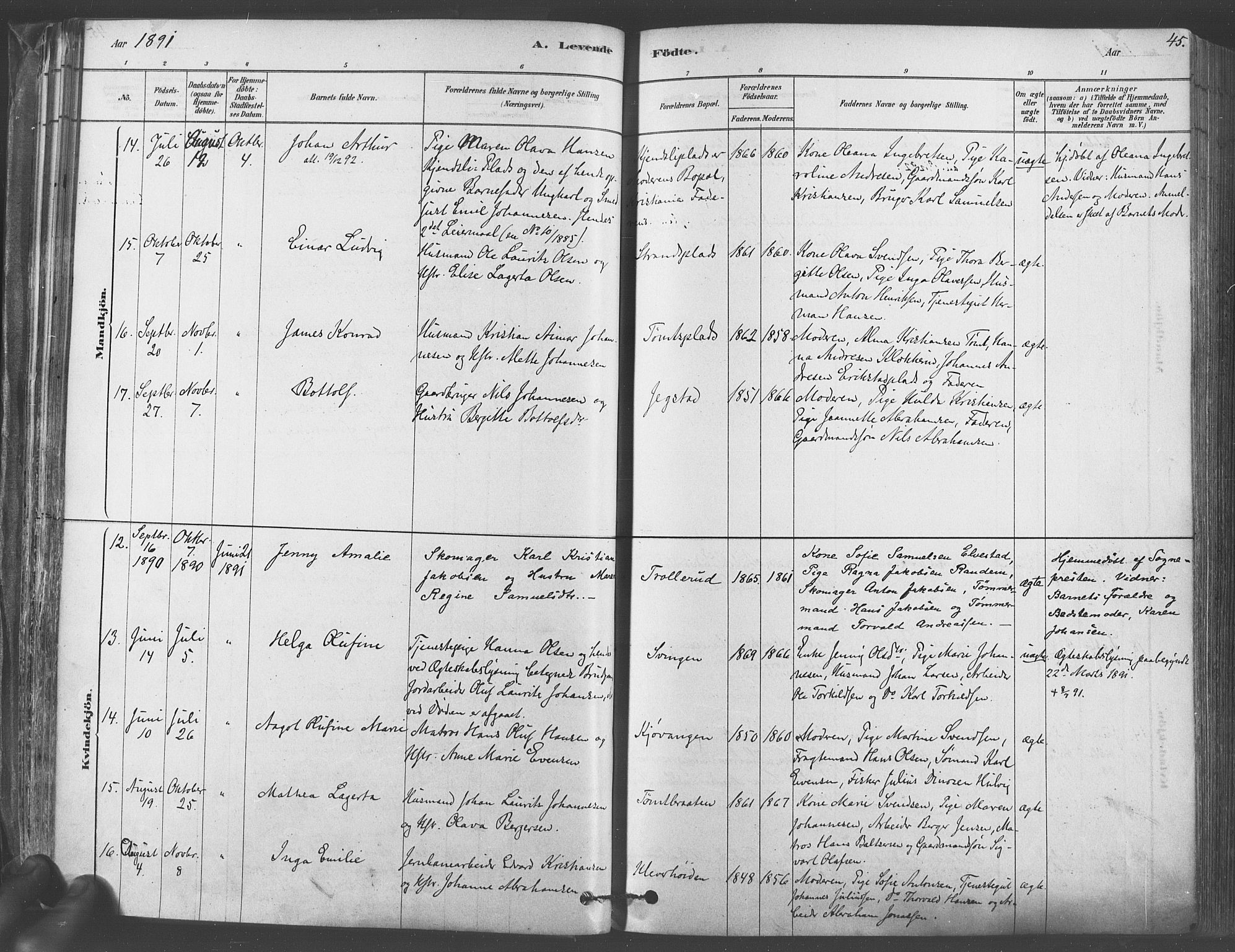 Vestby prestekontor Kirkebøker, AV/SAO-A-10893/F/Fa/L0009: Parish register (official) no. I 9, 1878-1900, p. 45