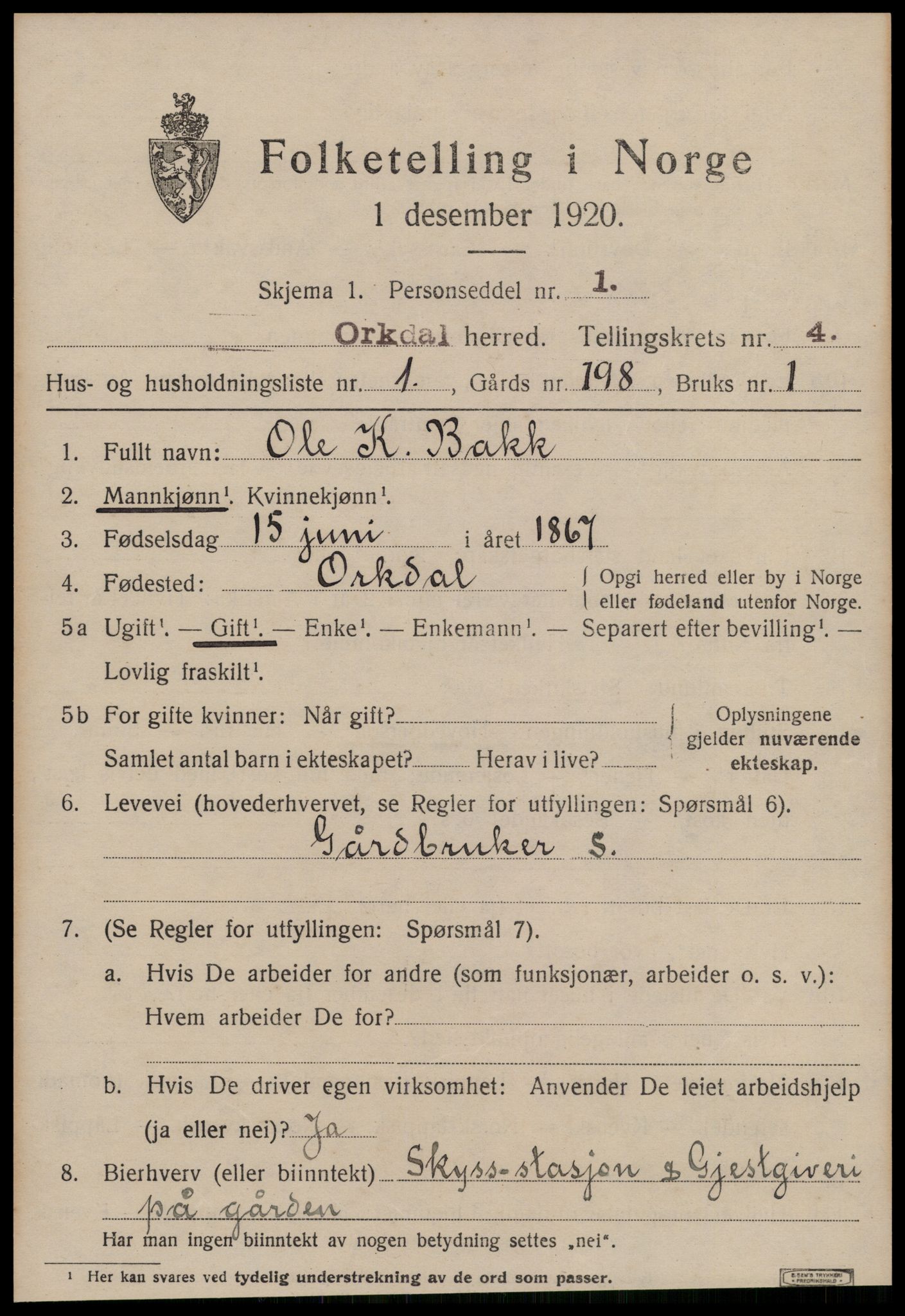 SAT, 1920 census for Orkdal, 1920, p. 3860