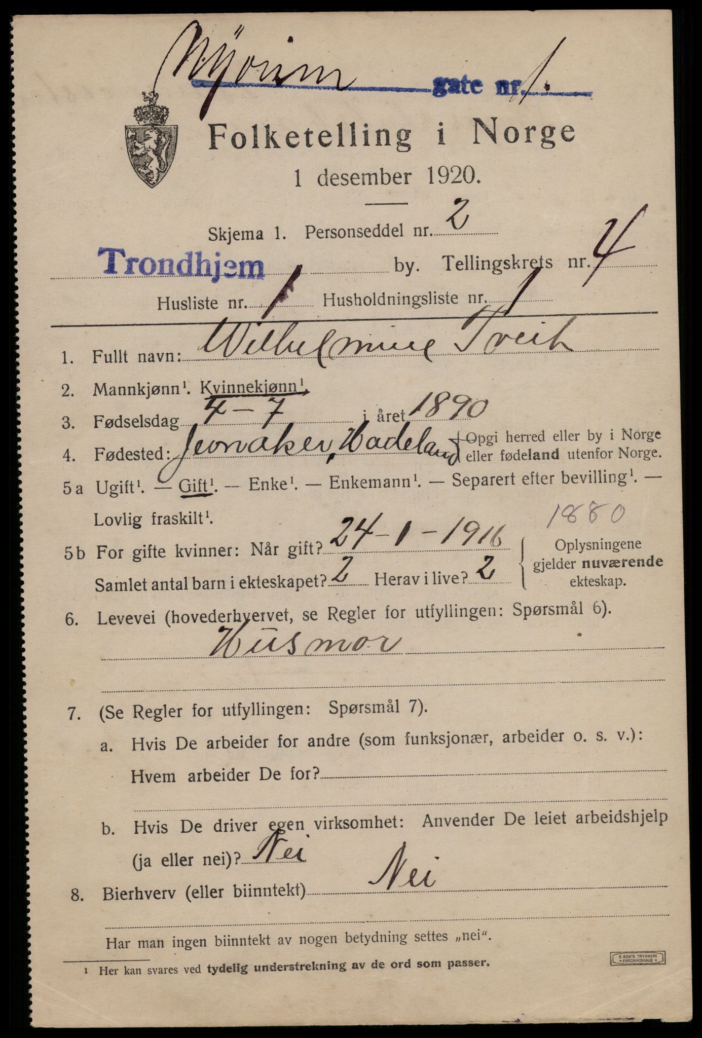 SAT, 1920 census for Trondheim, 1920, p. 36888