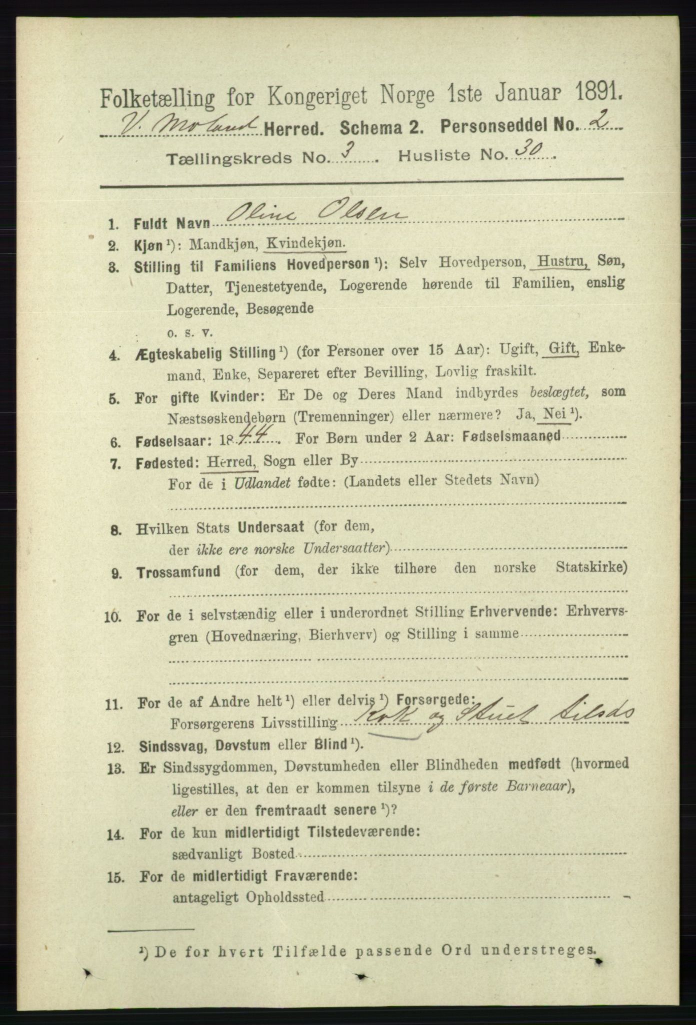 RA, 1891 census for 0926 Vestre Moland, 1891, p. 1120
