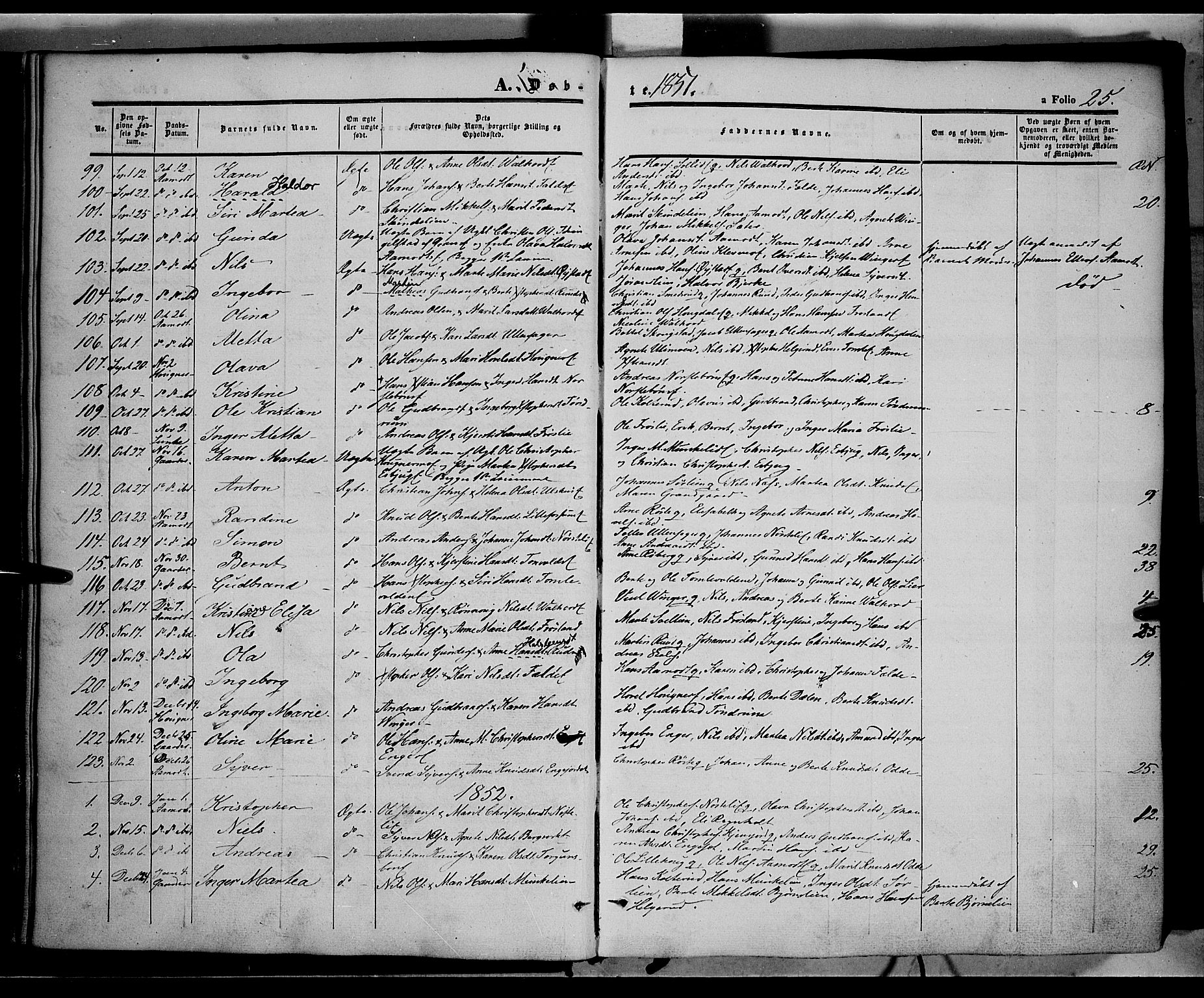 Land prestekontor, SAH/PREST-120/H/Ha/Haa/L0010: Parish register (official) no. 10, 1847-1859, p. 25