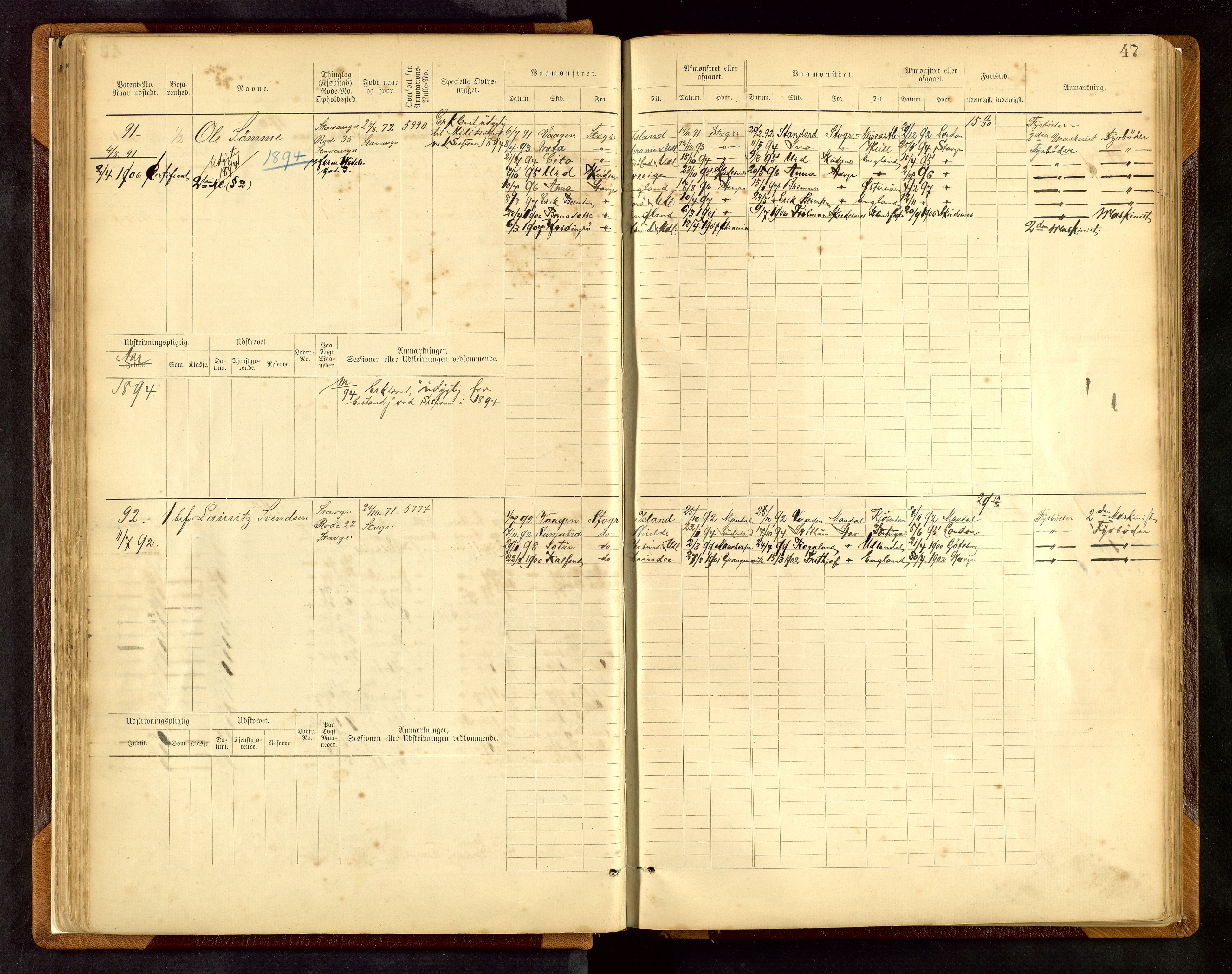 Stavanger sjømannskontor, AV/SAST-A-102006/F/Fe/L0001: Maskinist- og fyrbøterrulle, patentnr. 1-58/1-194, 1884-1894, p. 50