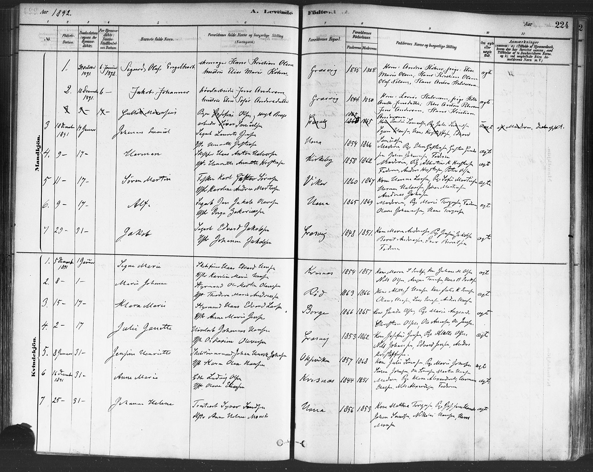 Onsøy prestekontor Kirkebøker, AV/SAO-A-10914/F/Fa/L0005: Parish register (official) no. I 5, 1878-1898, p. 224