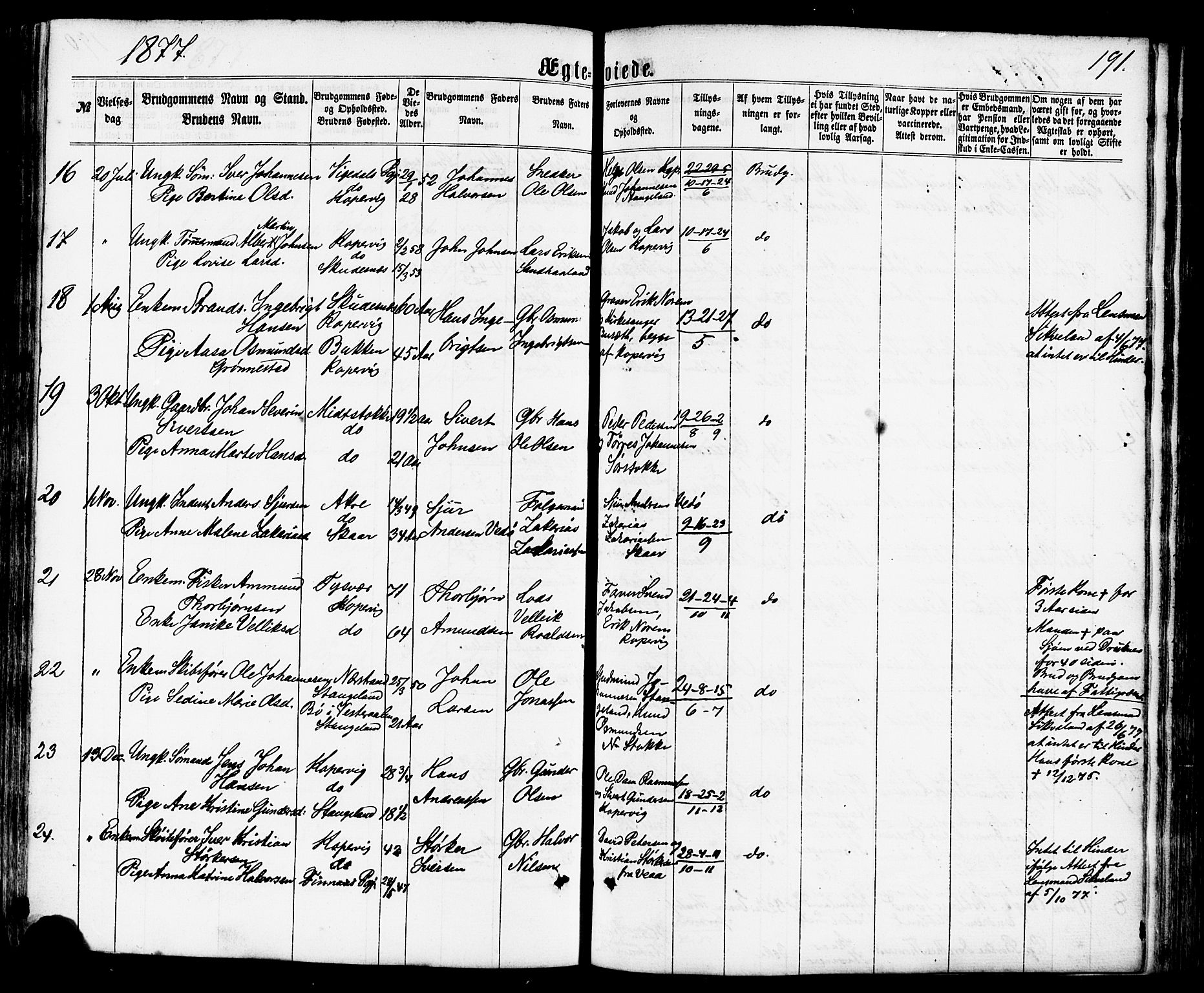 Avaldsnes sokneprestkontor, SAST/A -101851/H/Ha/Haa/L0011: Parish register (official) no. A 11, 1861-1880, p. 191