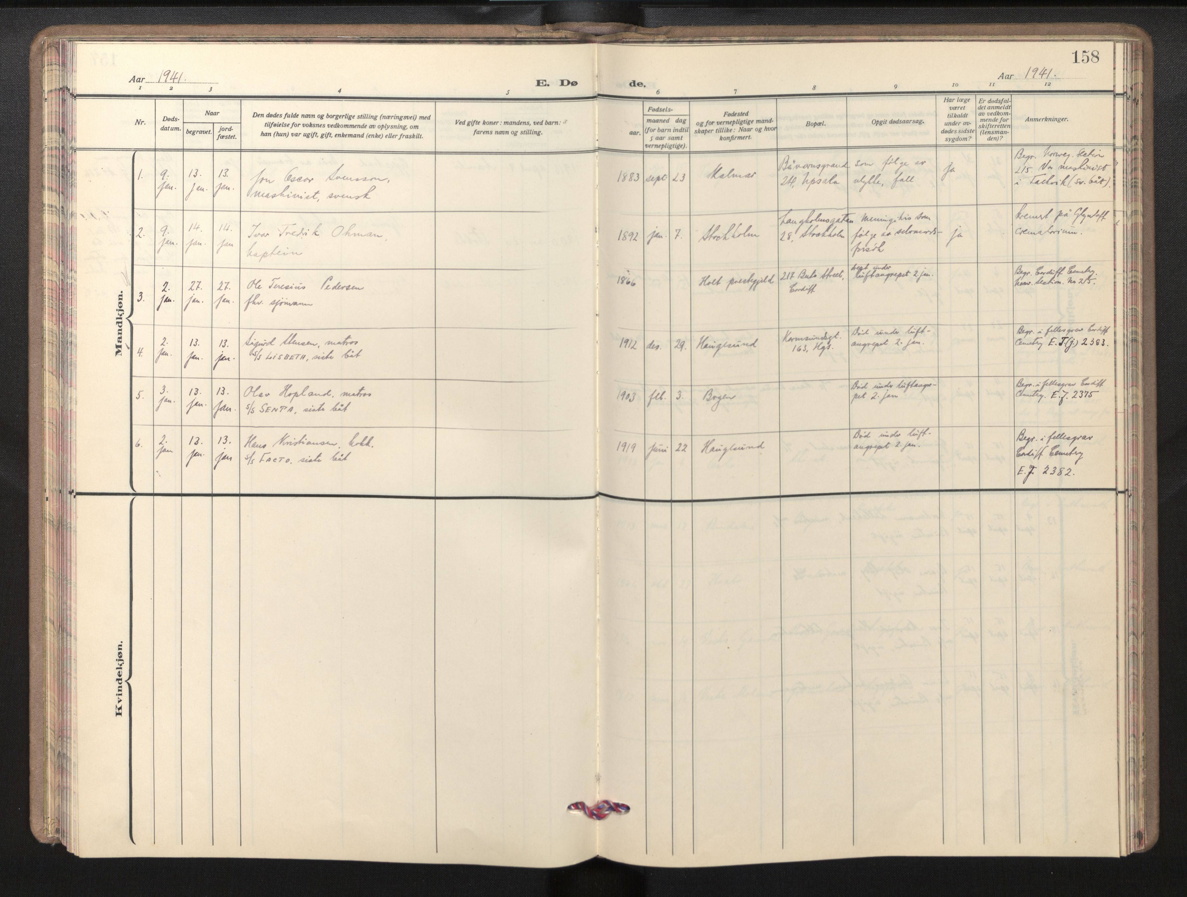 Den norske sjømannsmisjon i utlandet/Bristolhavnene(Cardiff-Swansea), SAB/SAB/PA-0102/H/Ha/Haa/L0003: Parish register (official) no. A 3, 1932-1966, p. 157b-158a
