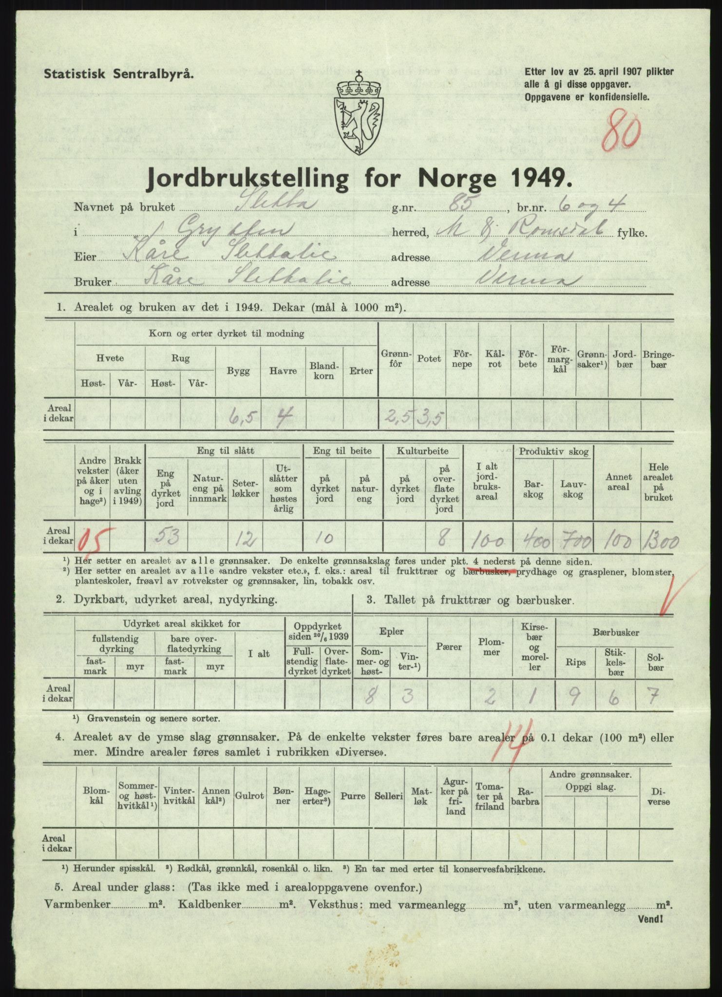 Statistisk sentralbyrå, Næringsøkonomiske emner, Jordbruk, skogbruk, jakt, fiske og fangst, AV/RA-S-2234/G/Gc/L0323: Møre og Romsdal: Grytten og Hen, 1949, p. 329