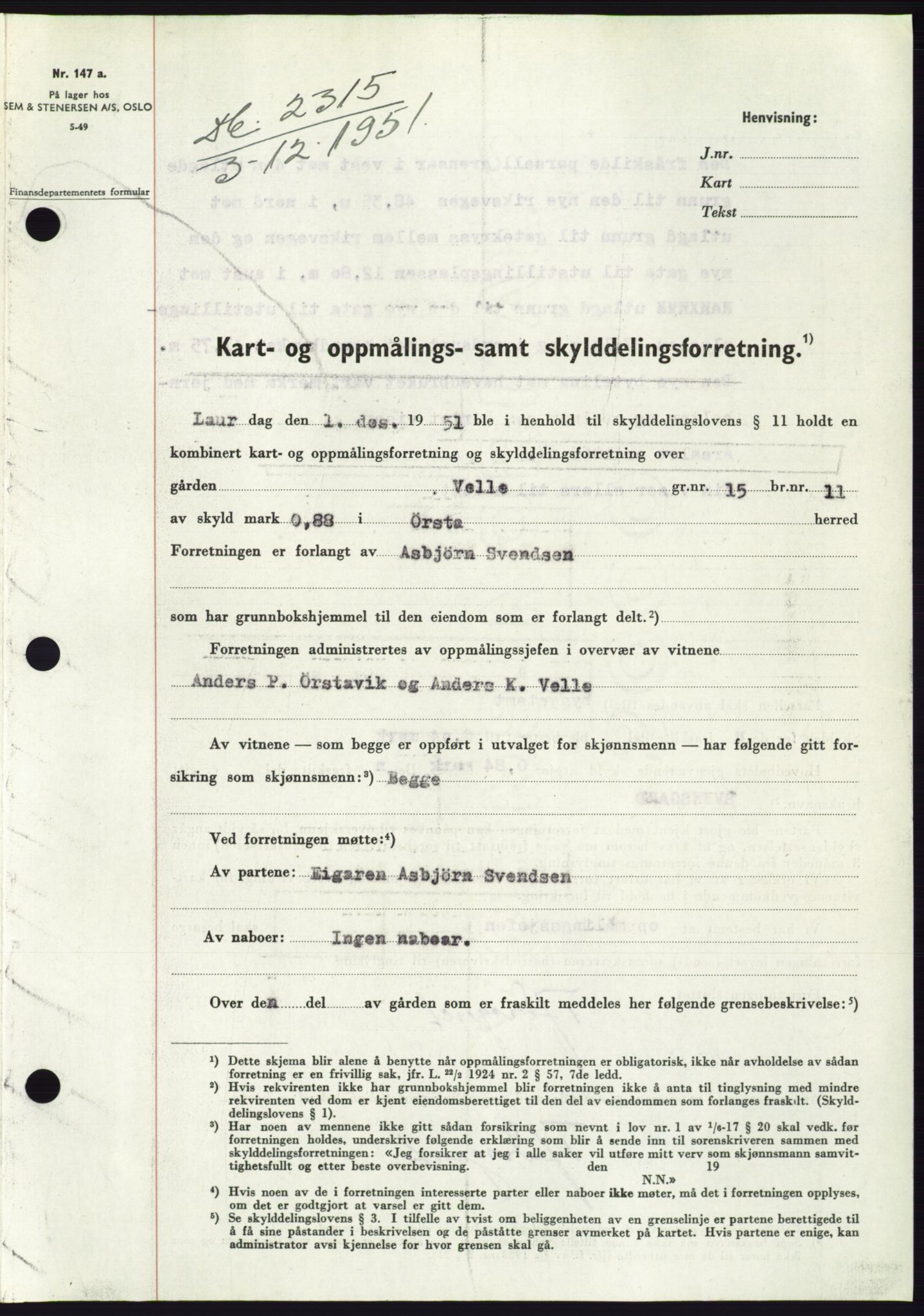 Søre Sunnmøre sorenskriveri, AV/SAT-A-4122/1/2/2C/L0090: Mortgage book no. 16A, 1951-1951, Diary no: : 2315/1951