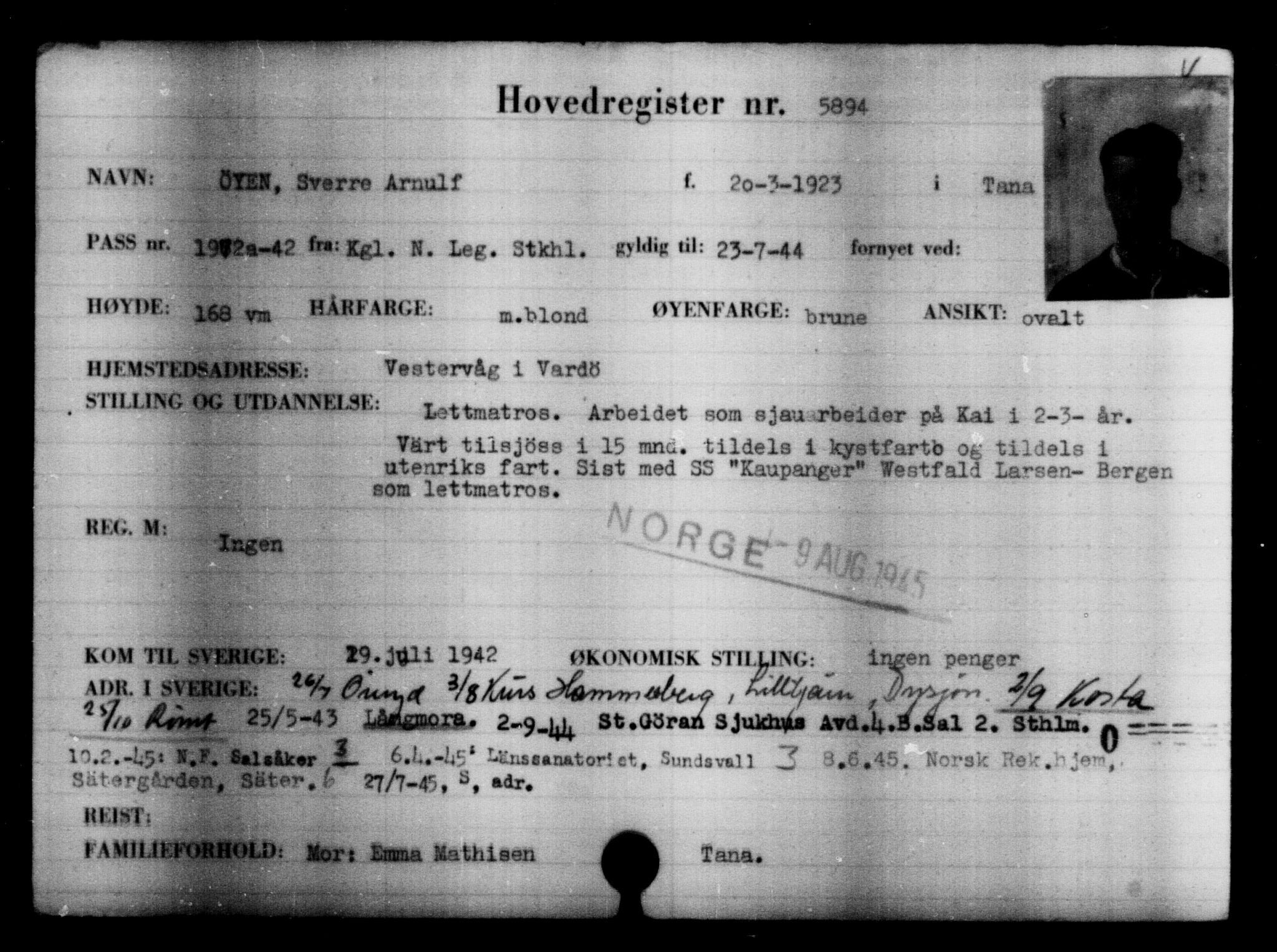 Utenriksstasjonene, Legasjonen i Stockholm, Flyktningkontoret, AV/RA-S-6753/V/Va/L0004: Kjesäterkartoteket, flyktninger med registreringsnr. 3496-6610, 1940-1945, p. 2789