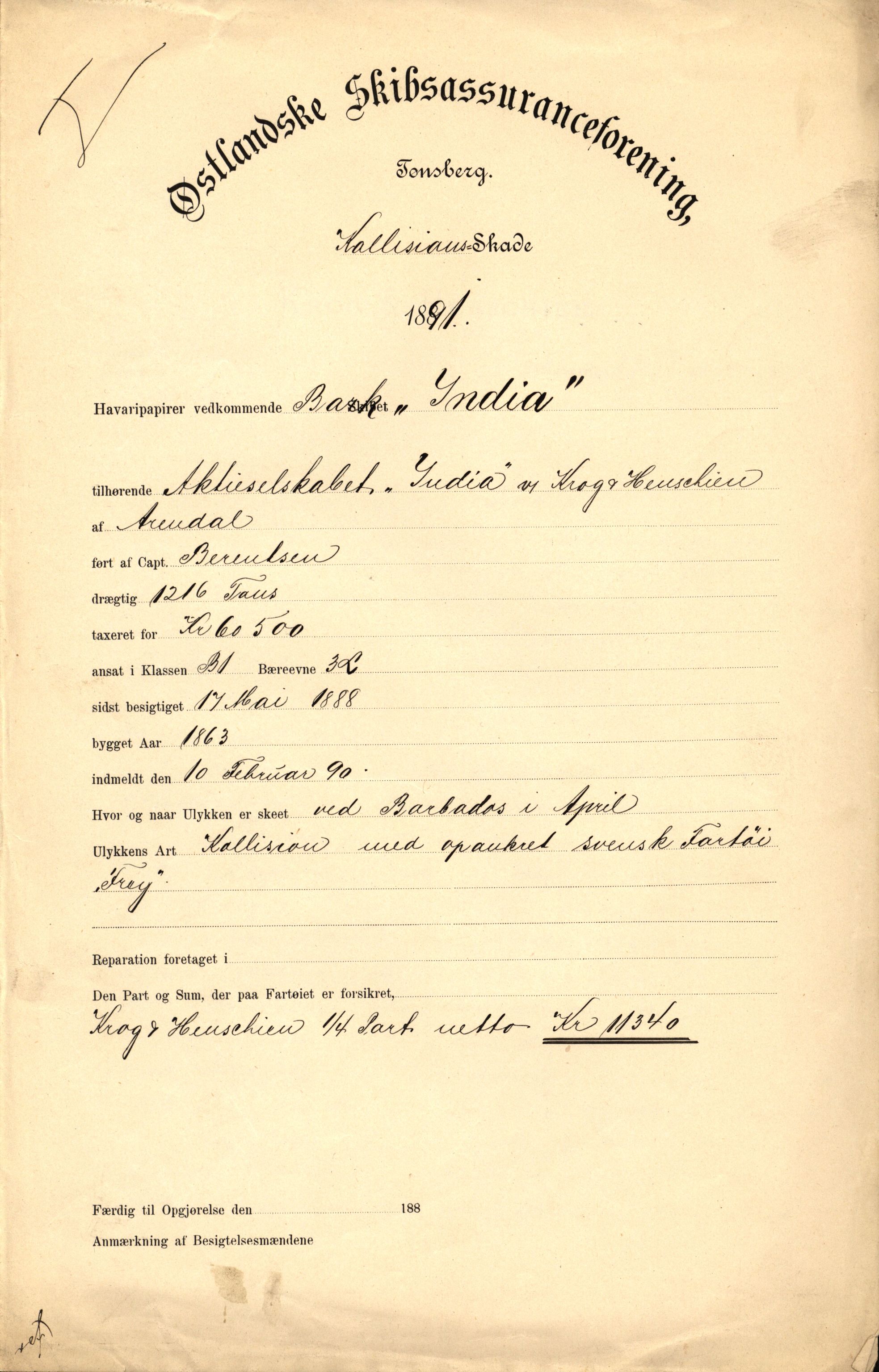 Pa 63 - Østlandske skibsassuranceforening, VEMU/A-1079/G/Ga/L0027/0012: Havaridokumenter / Hans Nielsen Hauge, Verena, Guldfaxe, India, Industri, 1891, p. 18