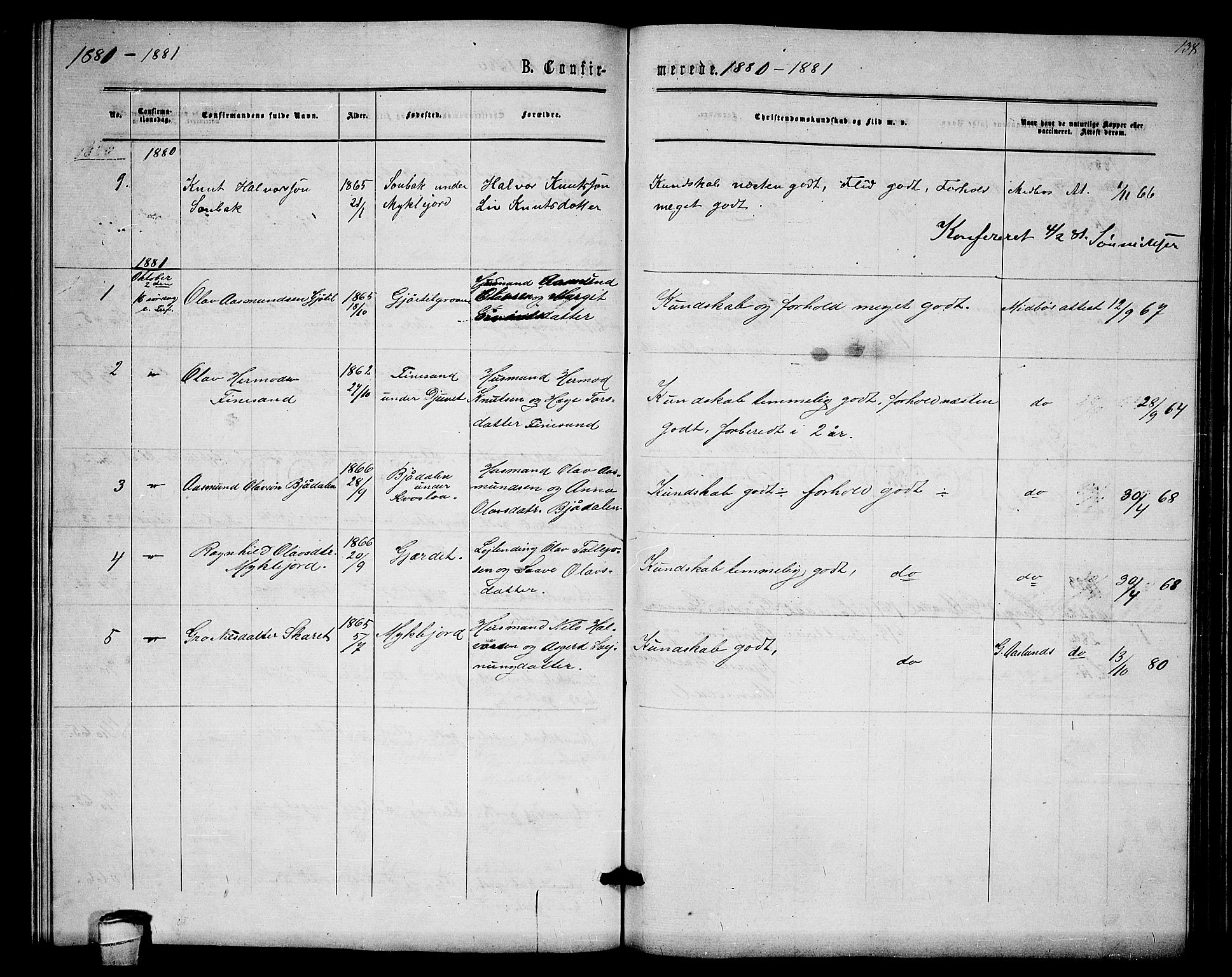 Lårdal kirkebøker, SAKO/A-284/G/Gb/L0002: Parish register (copy) no. II 2, 1865-1888, p. 138