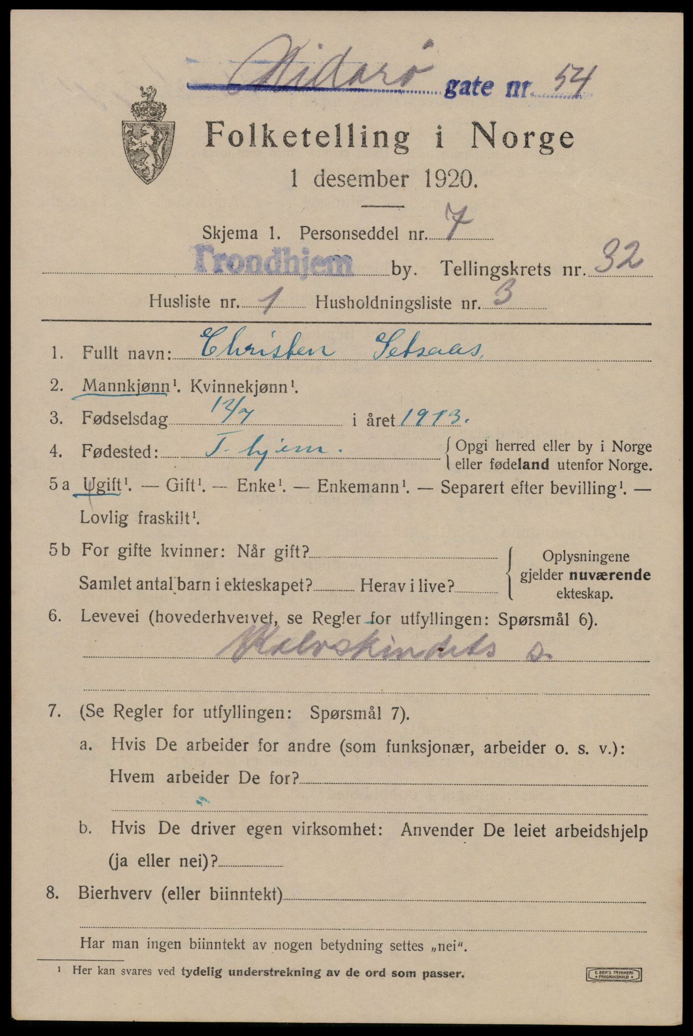 SAT, 1920 census for Trondheim, 1920, p. 77226