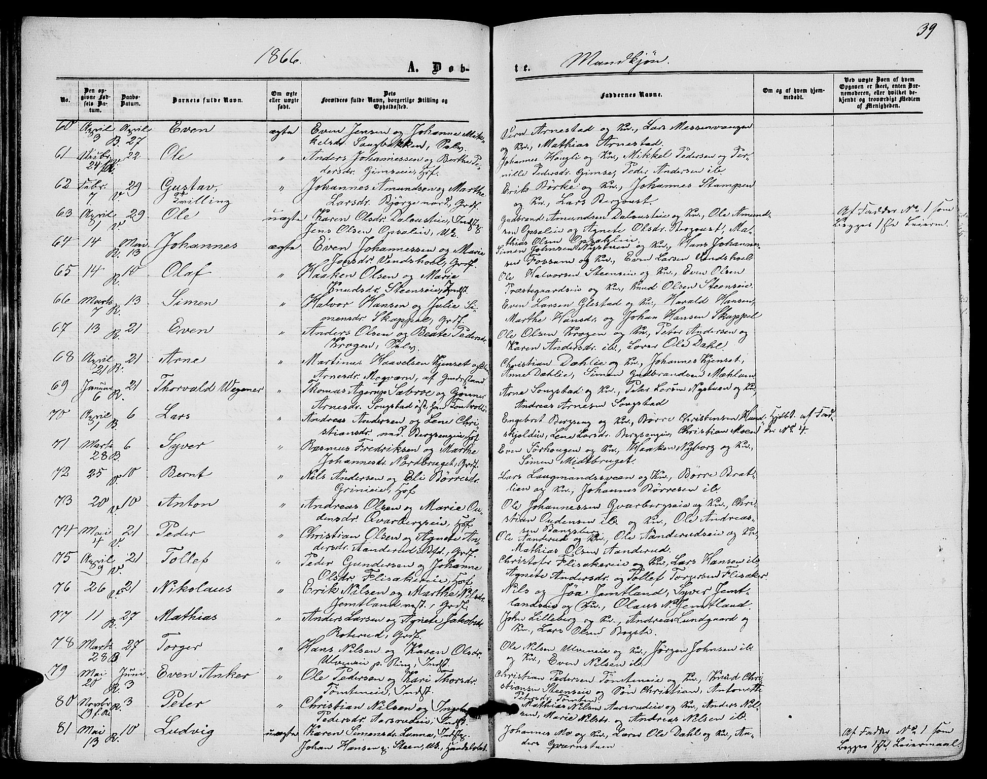 Ringsaker prestekontor, AV/SAH-PREST-014/L/La/L0007: Parish register (copy) no. 7, 1861-1869, p. 39