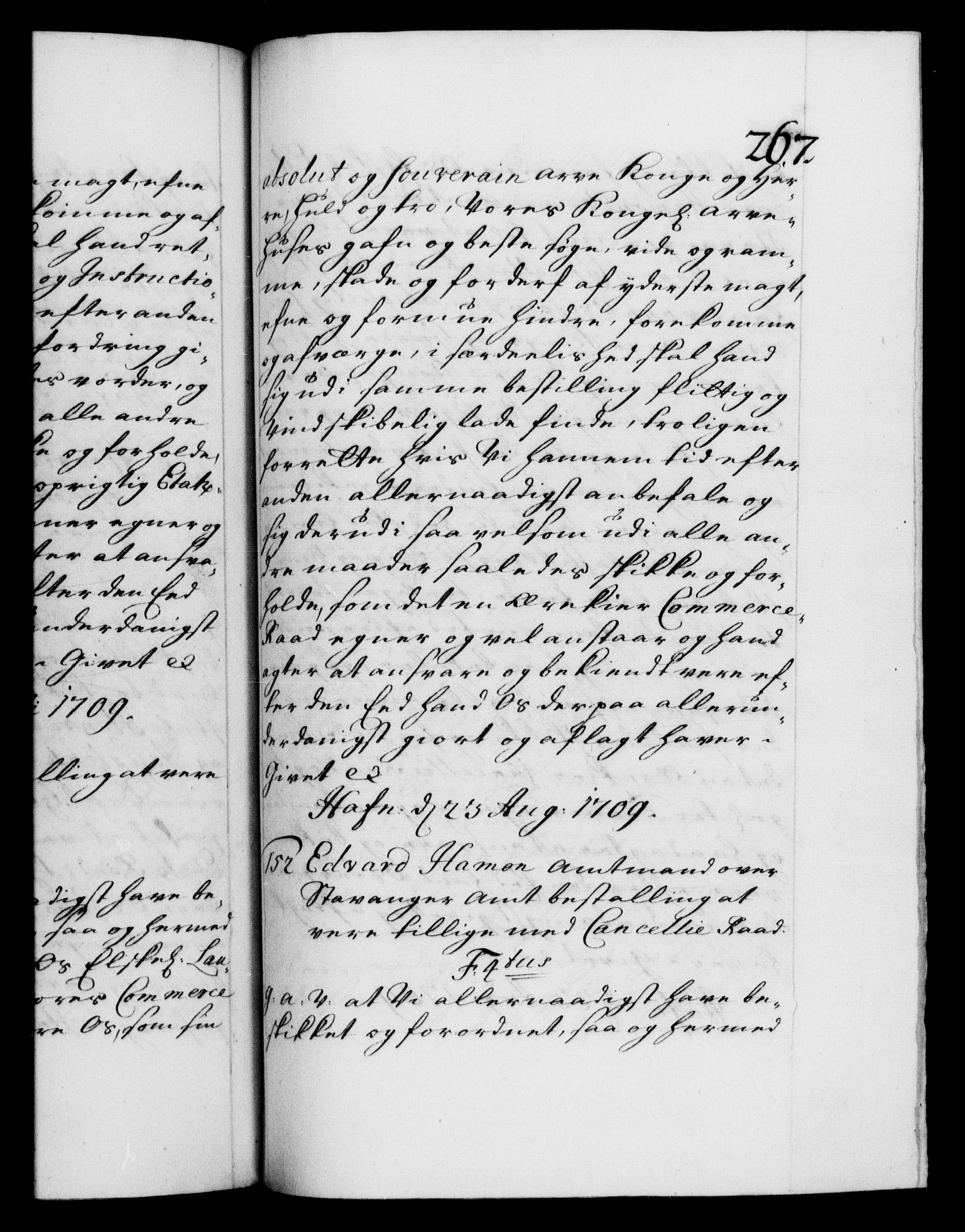 Danske Kanselli 1572-1799, RA/EA-3023/F/Fc/Fca/Fcaa/L0020: Norske registre, 1708-1711, p. 267a