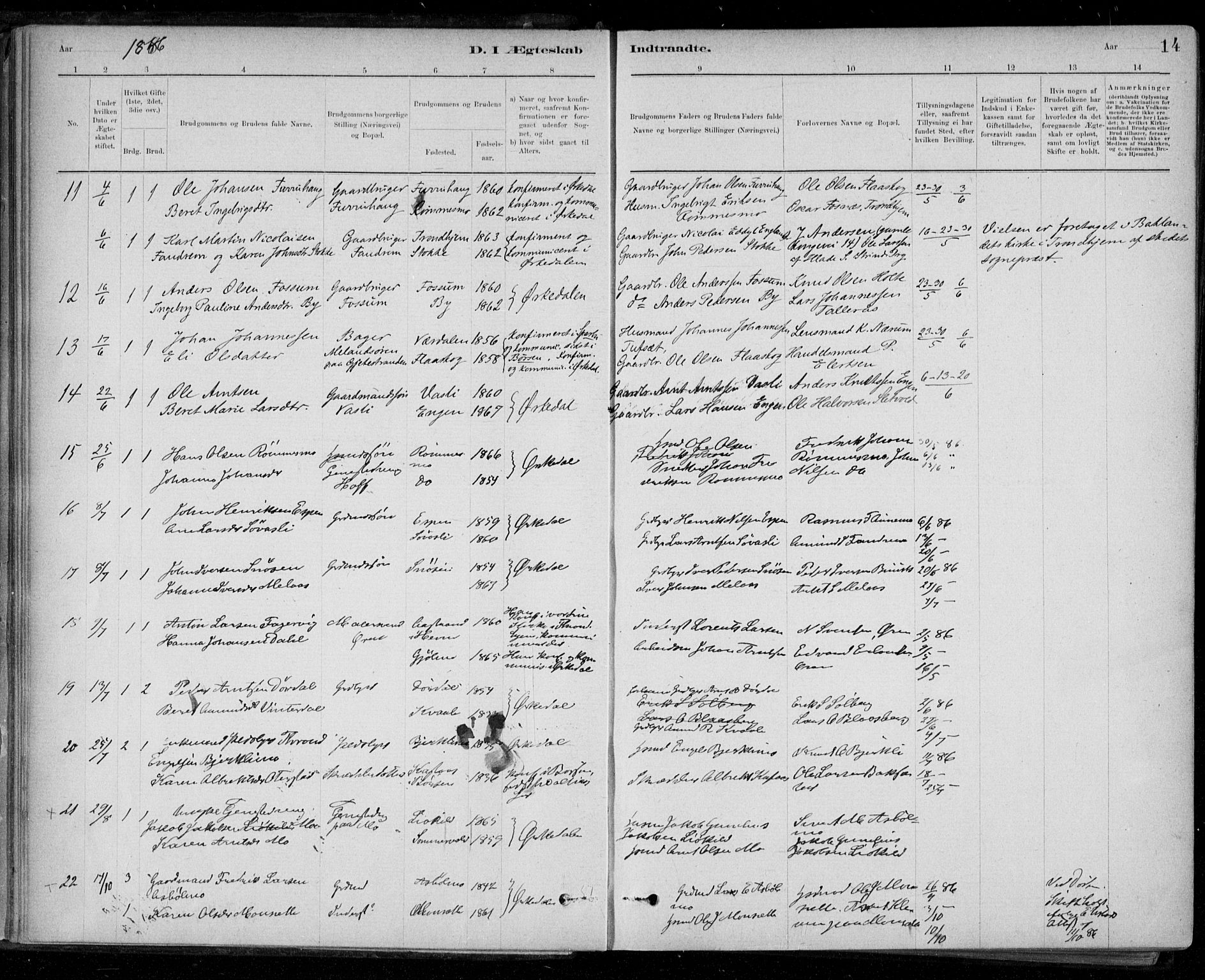 Ministerialprotokoller, klokkerbøker og fødselsregistre - Sør-Trøndelag, SAT/A-1456/668/L0810: Parish register (official) no. 668A10, 1881-1894, p. 14