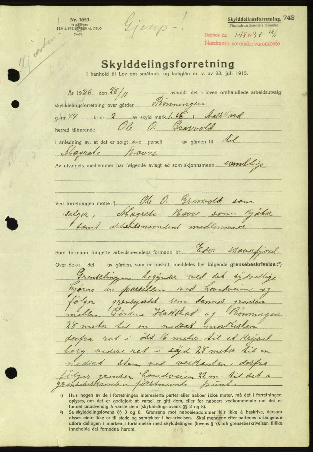 Nordmøre sorenskriveri, AV/SAT-A-4132/1/2/2Ca: Mortgage book no. A80, 1936-1937, Diary no: : 148/1937