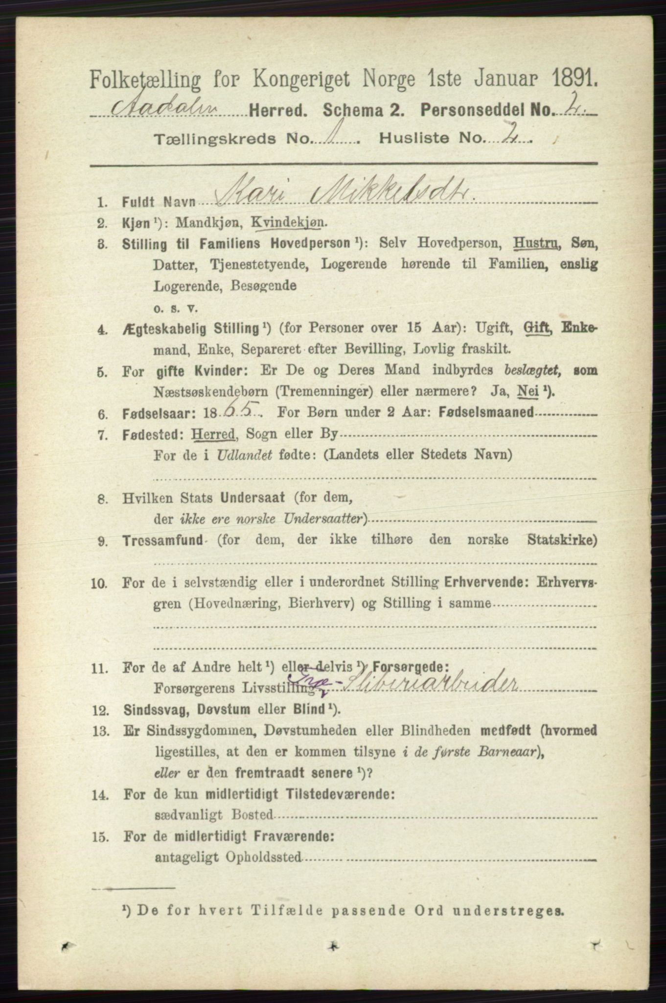 RA, 1891 census for 0614 Ådal, 1891, p. 77