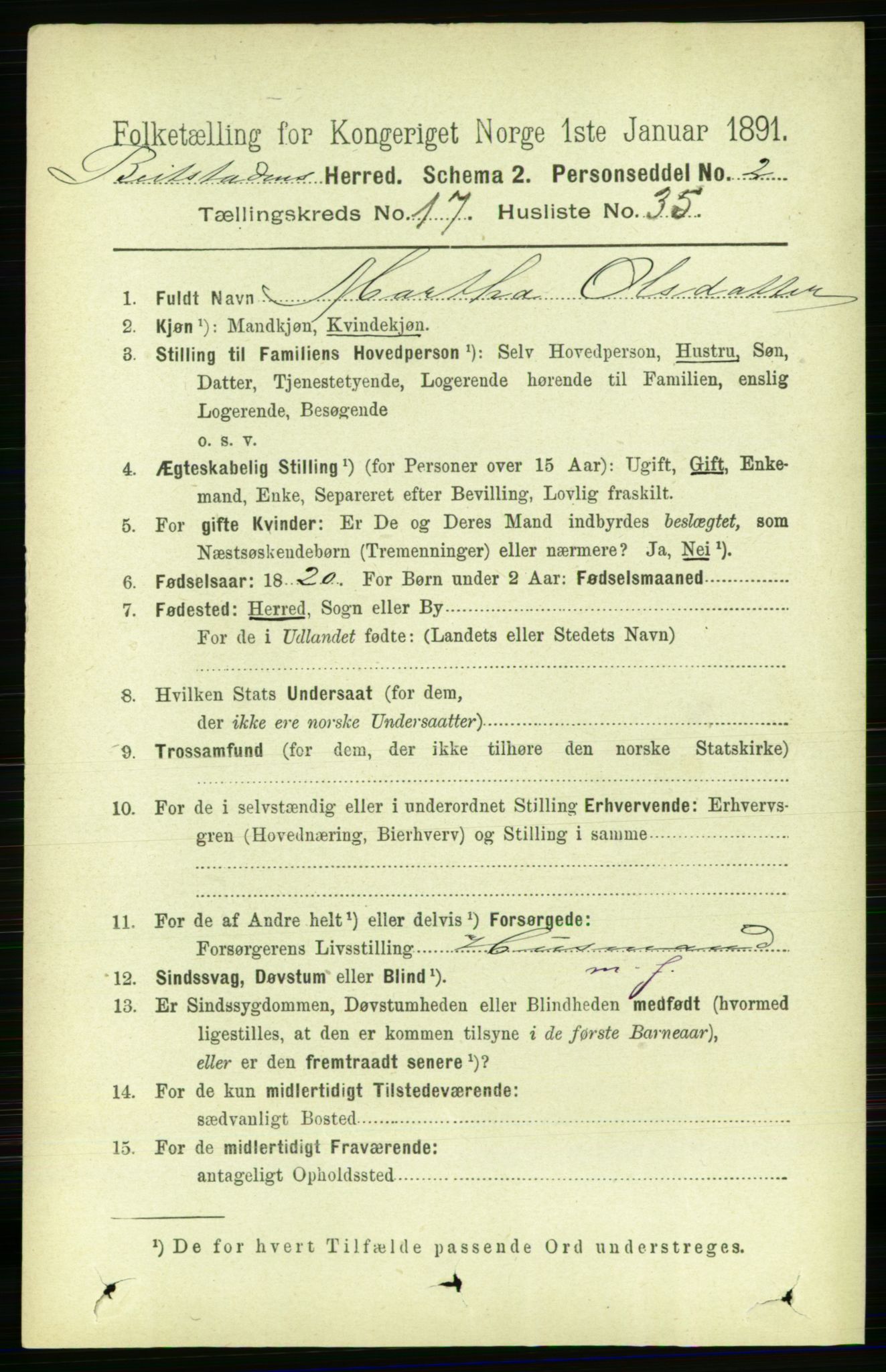 RA, 1891 census for 1727 Beitstad, 1891, p. 4585