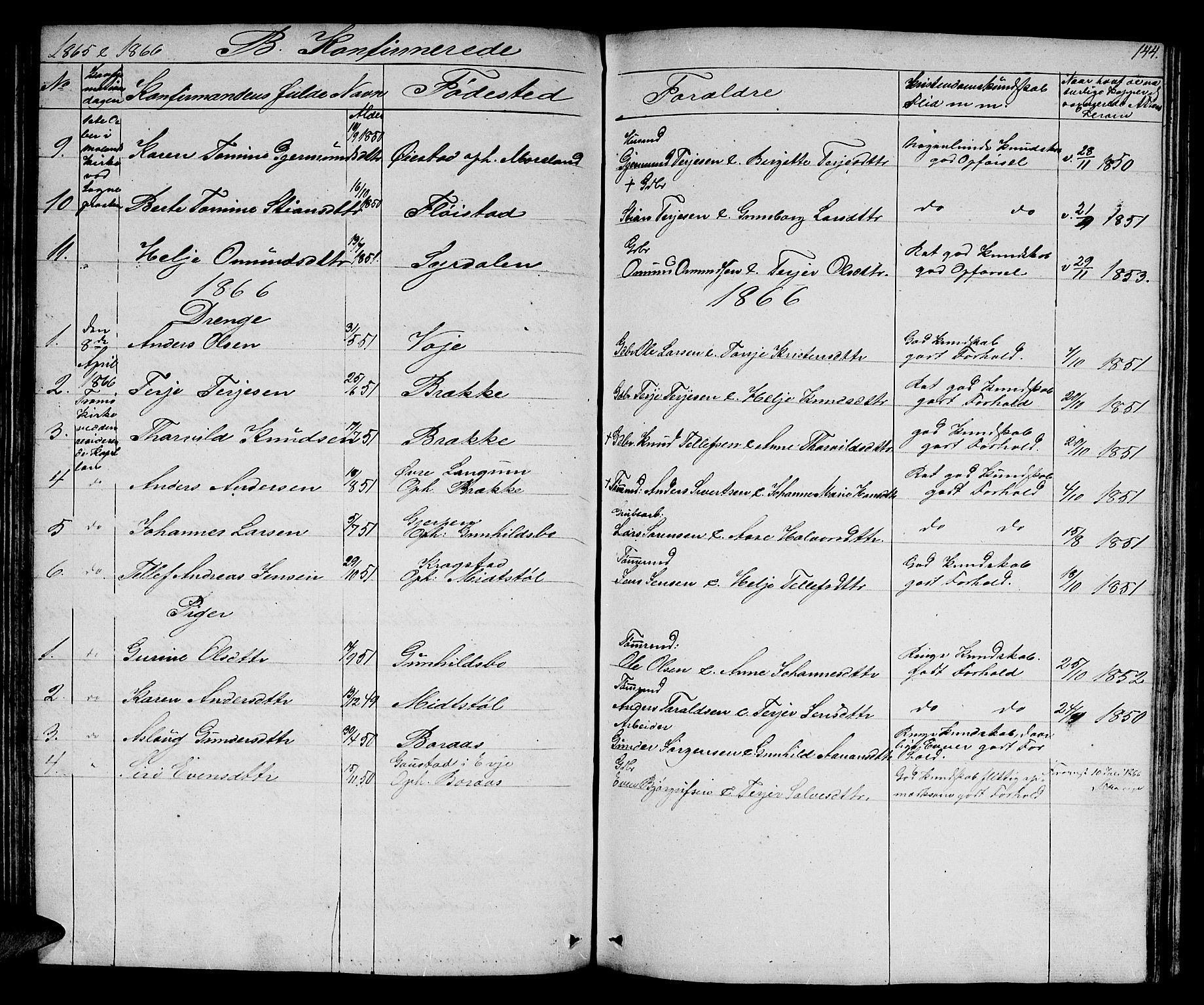 Austre Moland sokneprestkontor, SAK/1111-0001/F/Fb/Fba/L0001: Parish register (copy) no. B 1, 1842-1868, p. 144