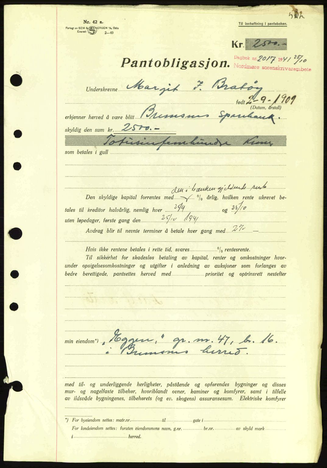 Nordmøre sorenskriveri, SAT/A-4132/1/2/2Ca: Mortgage book no. B88, 1941-1942, Diary no: : 2017/1941