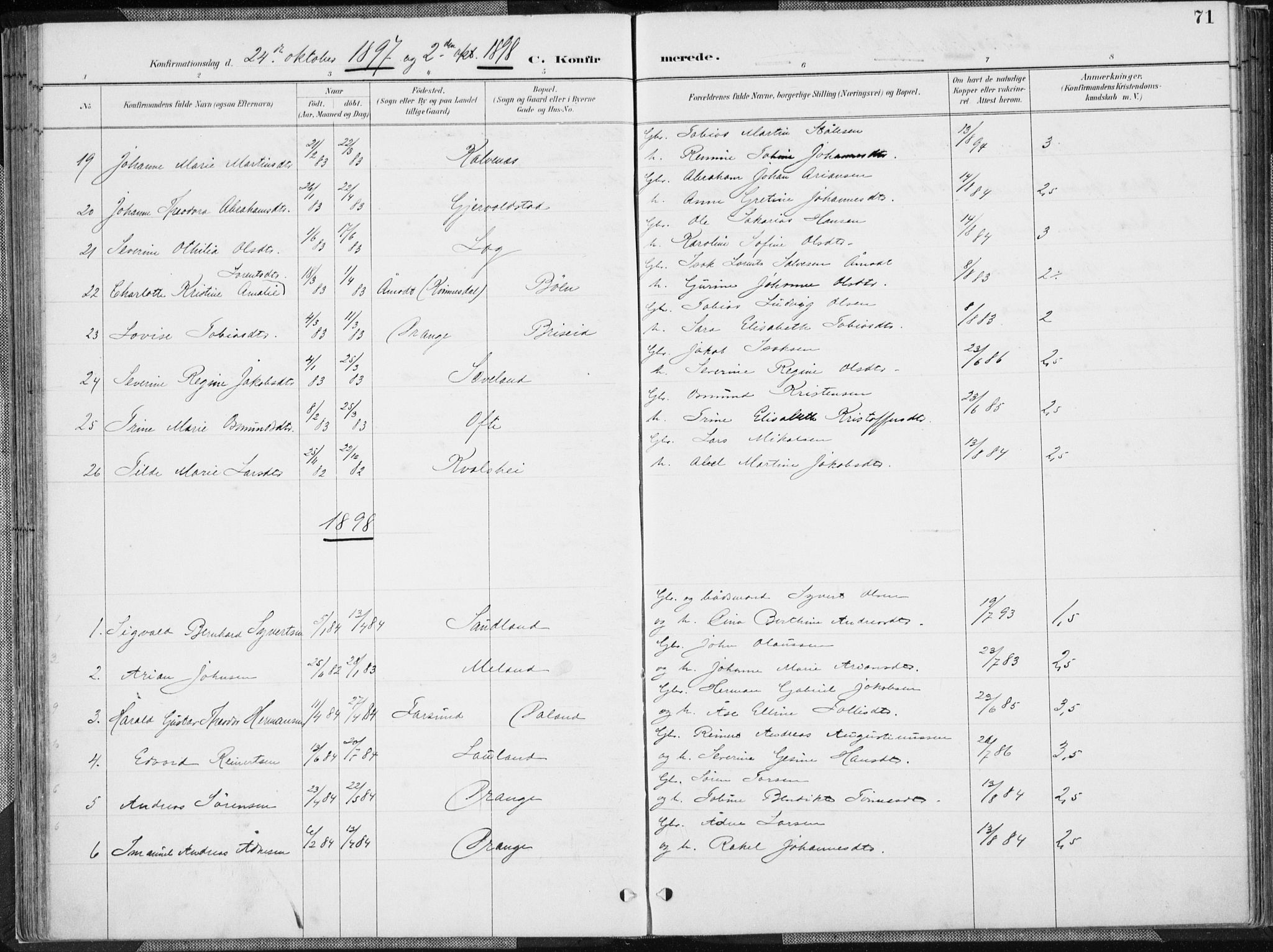 Herad sokneprestkontor, SAK/1111-0018/F/Fa/Faa/L0006: Parish register (official) no. A 6, 1887-1907, p. 71