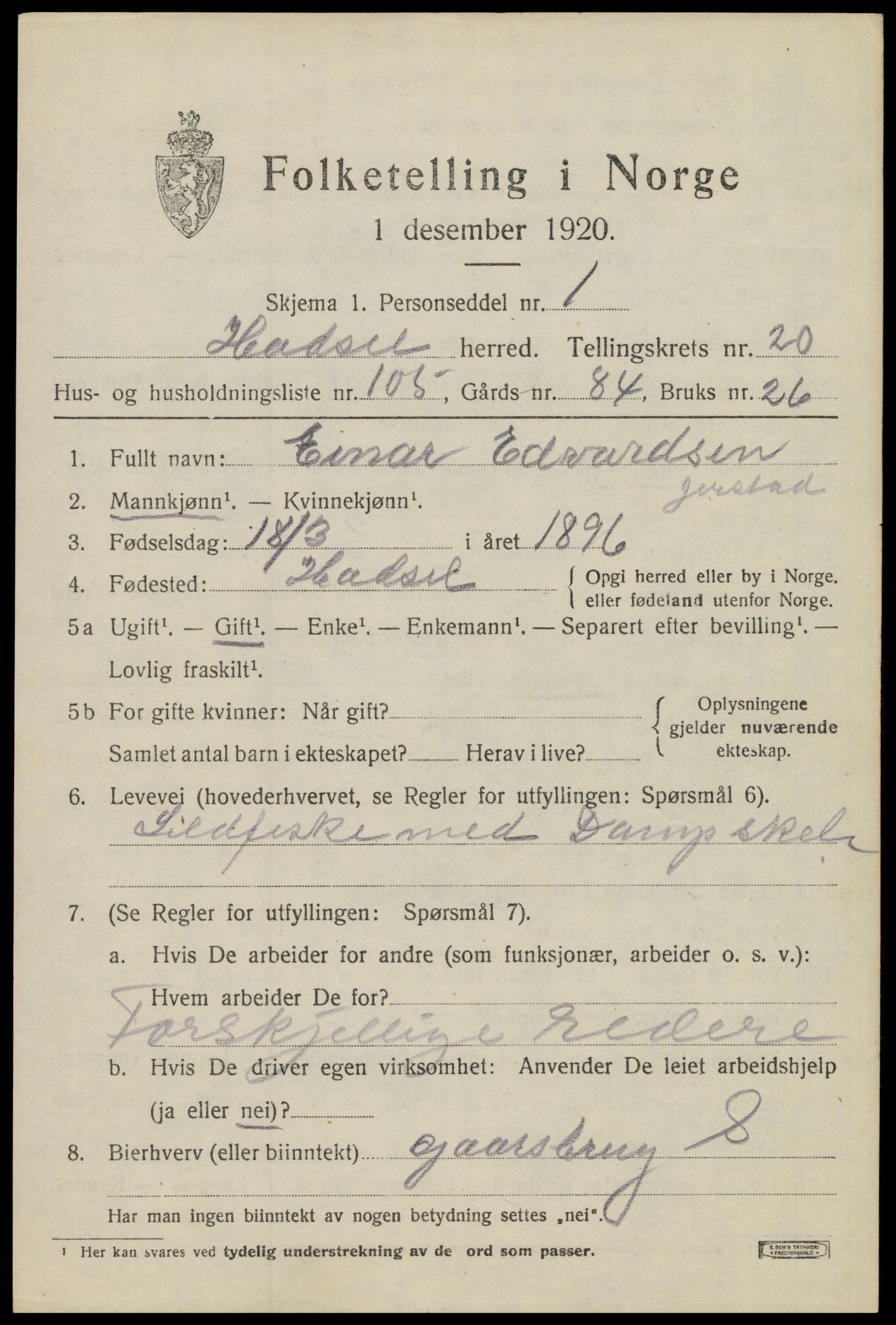 SAT, 1920 census for Hadsel, 1920, p. 19444