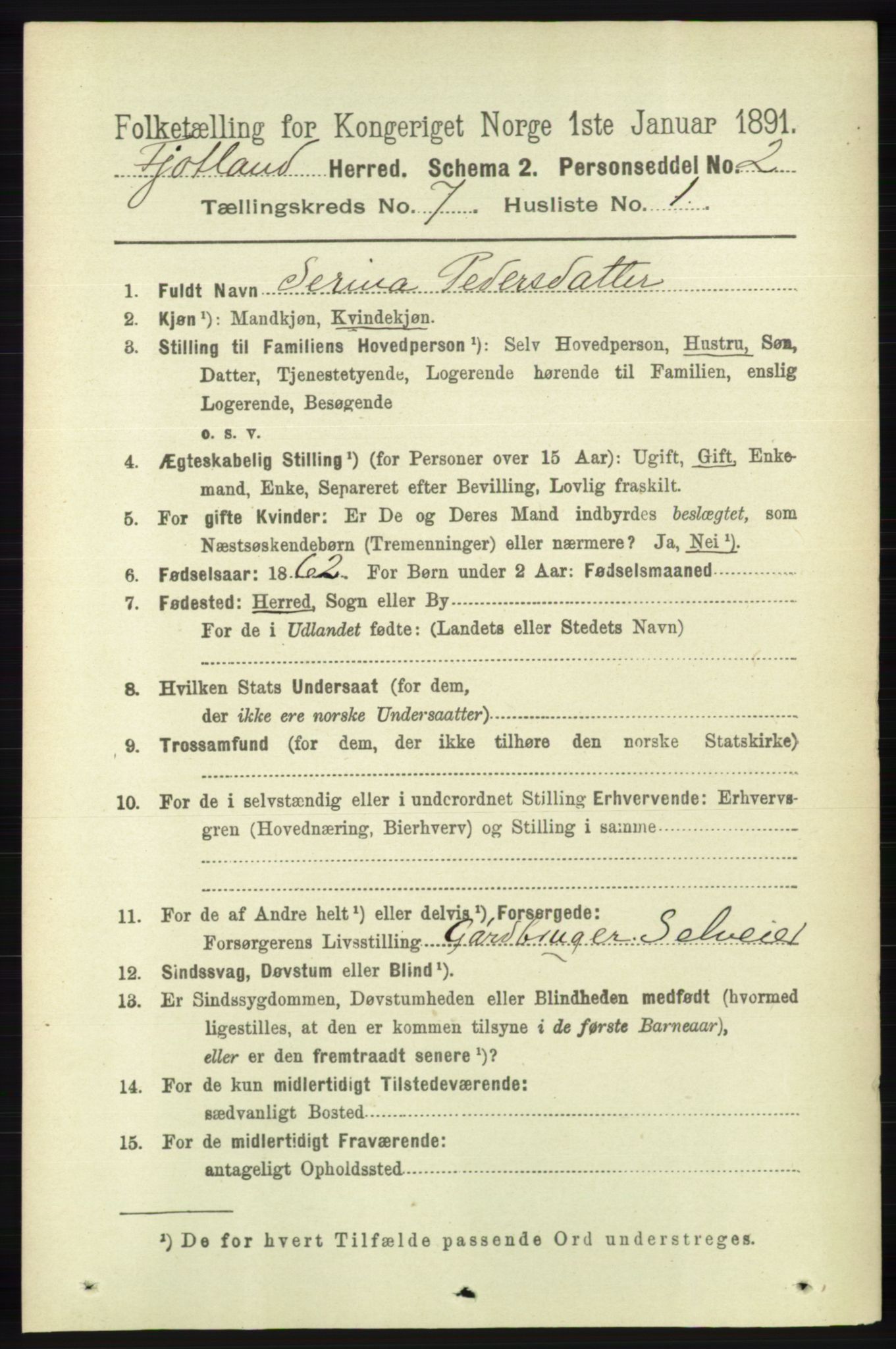 RA, 1891 census for 1036 Fjotland, 1891, p. 1017