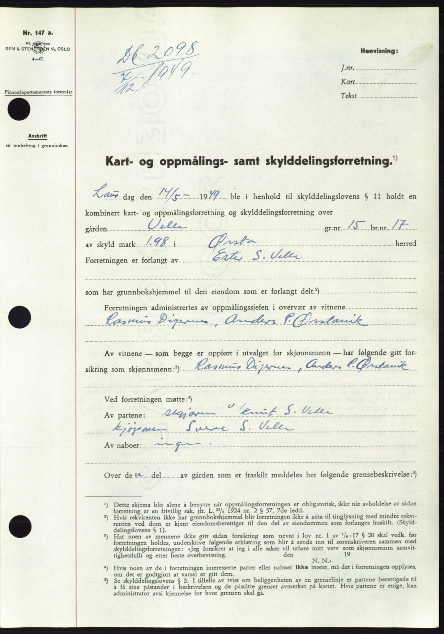 Søre Sunnmøre sorenskriveri, AV/SAT-A-4122/1/2/2C/L0085: Mortgage book no. 11A, 1949-1949, Diary no: : 2098/1949