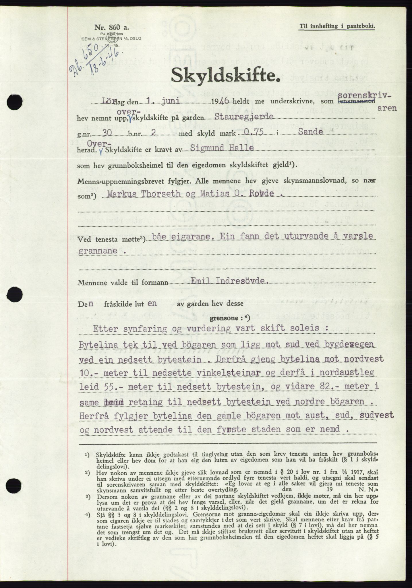 Søre Sunnmøre sorenskriveri, AV/SAT-A-4122/1/2/2C/L0078: Mortgage book no. 4A, 1946-1946, Diary no: : 650/1946