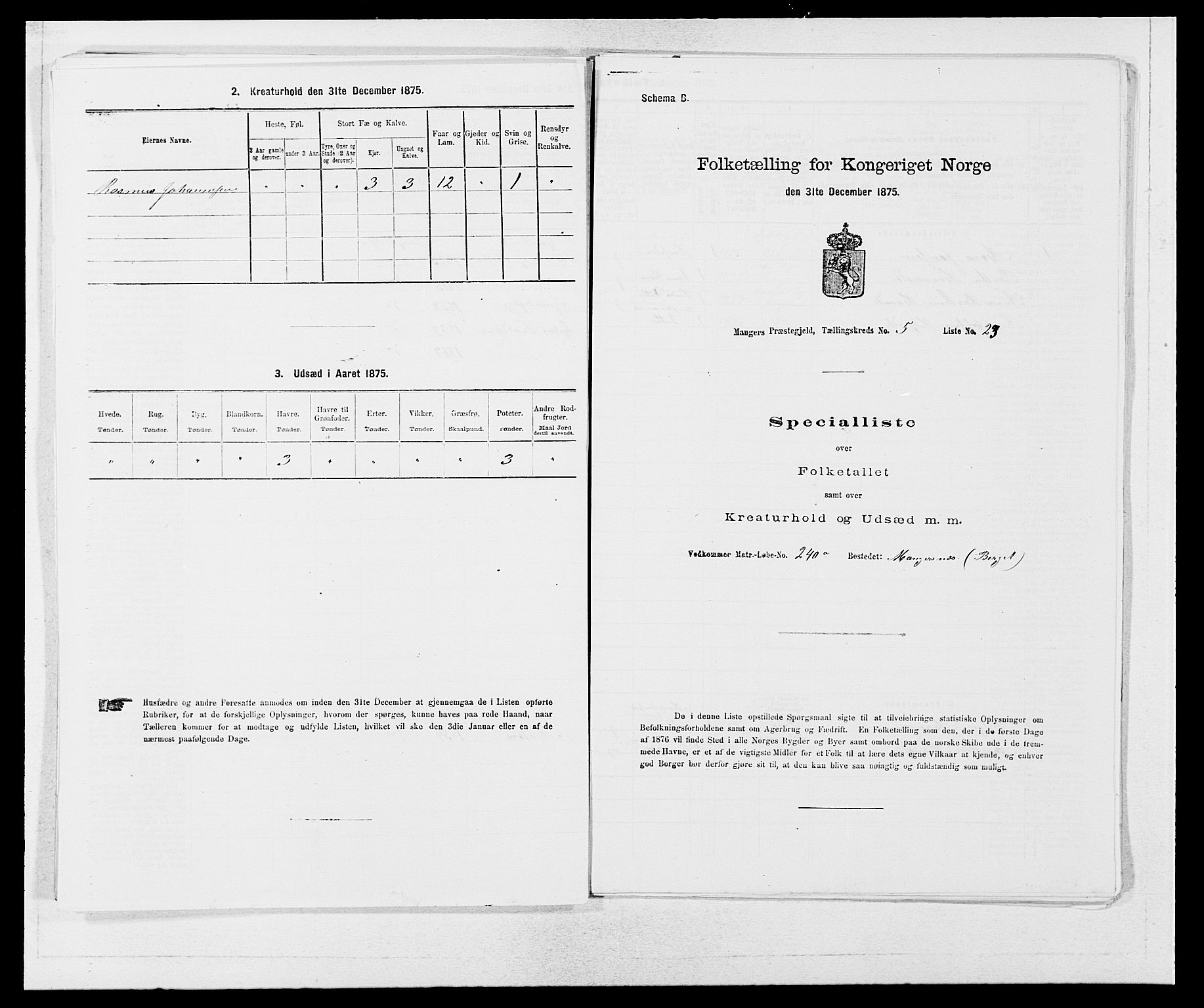 SAB, 1875 census for 1261P Manger, 1875, p. 750