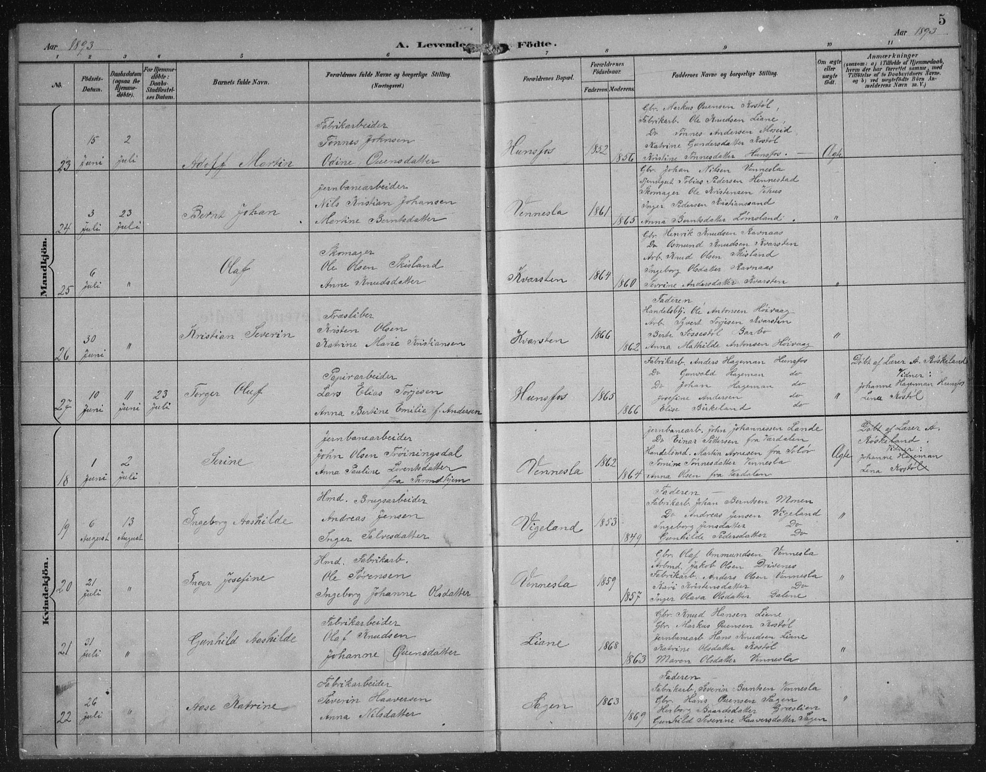 Vennesla sokneprestkontor, SAK/1111-0045/Fb/Fbb/L0004: Parish register (copy) no. B 4, 1893-1902, p. 5