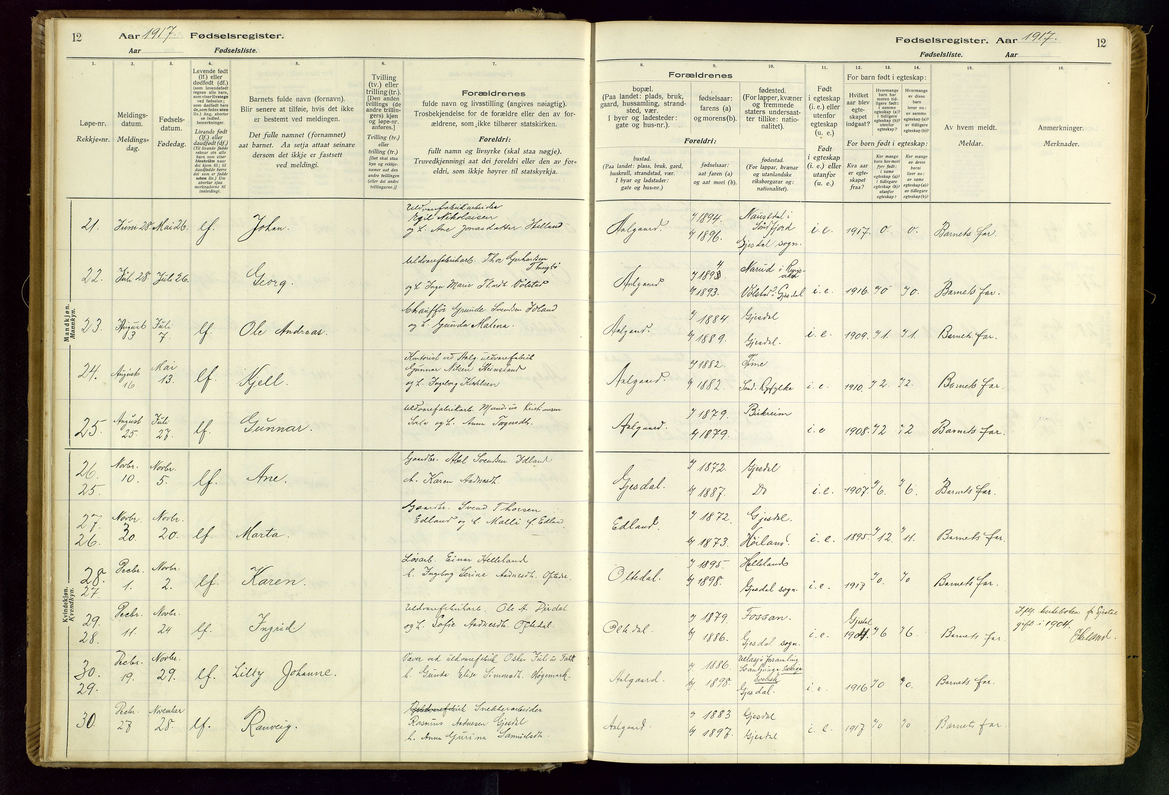 Gjesdal sokneprestkontor, SAST/A-101796/002/O/L0001: Birth register no. 1, 1916-1949, p. 12