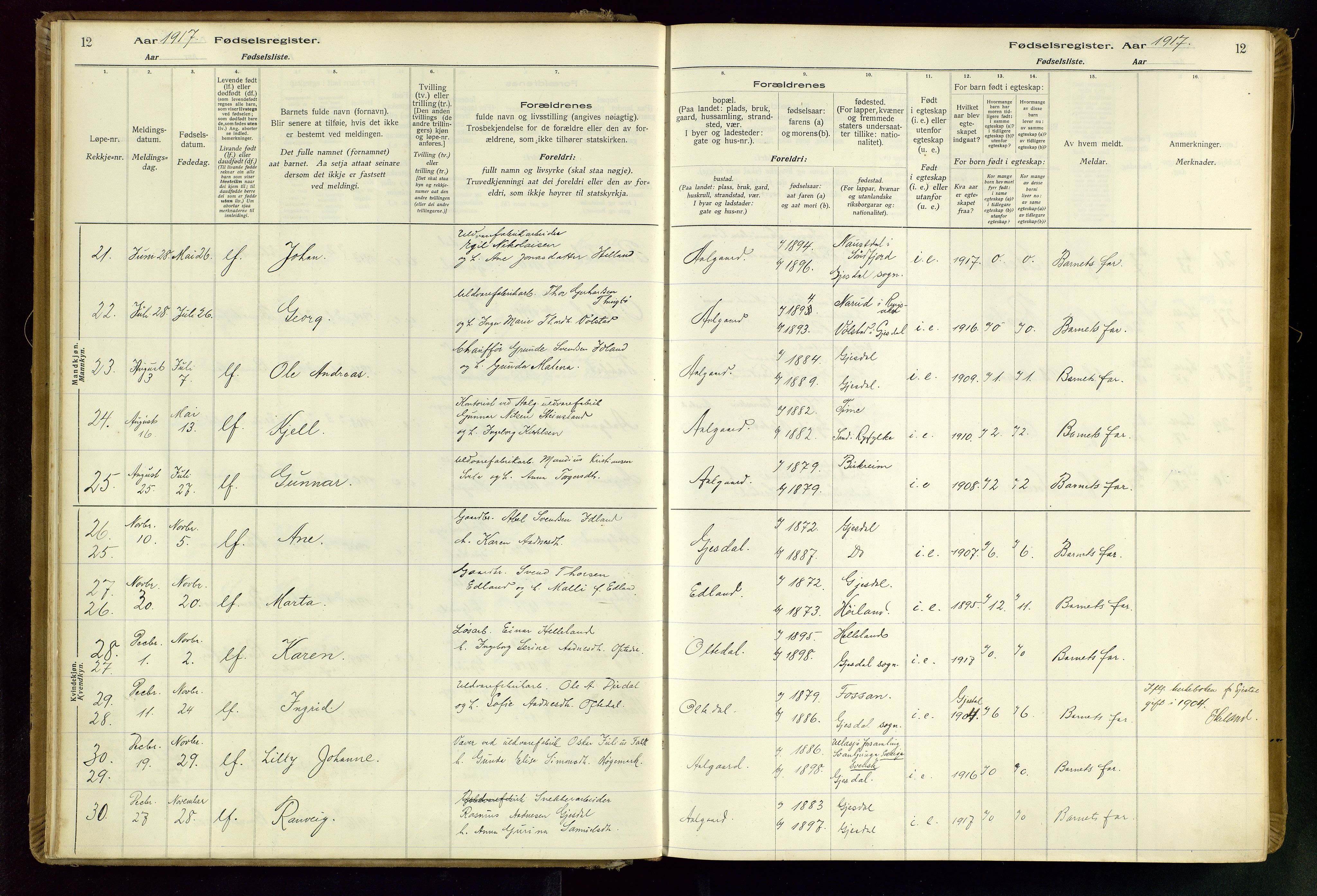 Gjesdal sokneprestkontor, AV/SAST-A-101796/002/O/L0001: Birth register no. 1, 1916-1949, p. 12