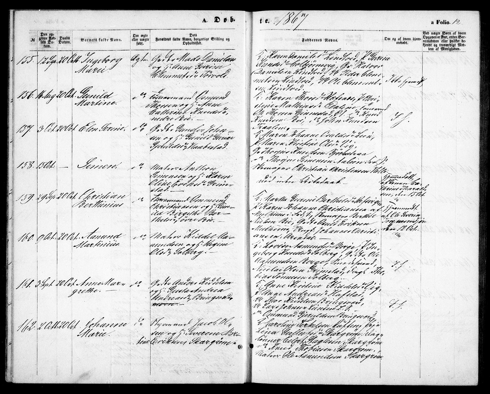 Fjære sokneprestkontor, AV/SAK-1111-0011/F/Fb/L0009: Parish register (copy) no. B 9, 1867-1870, p. 12