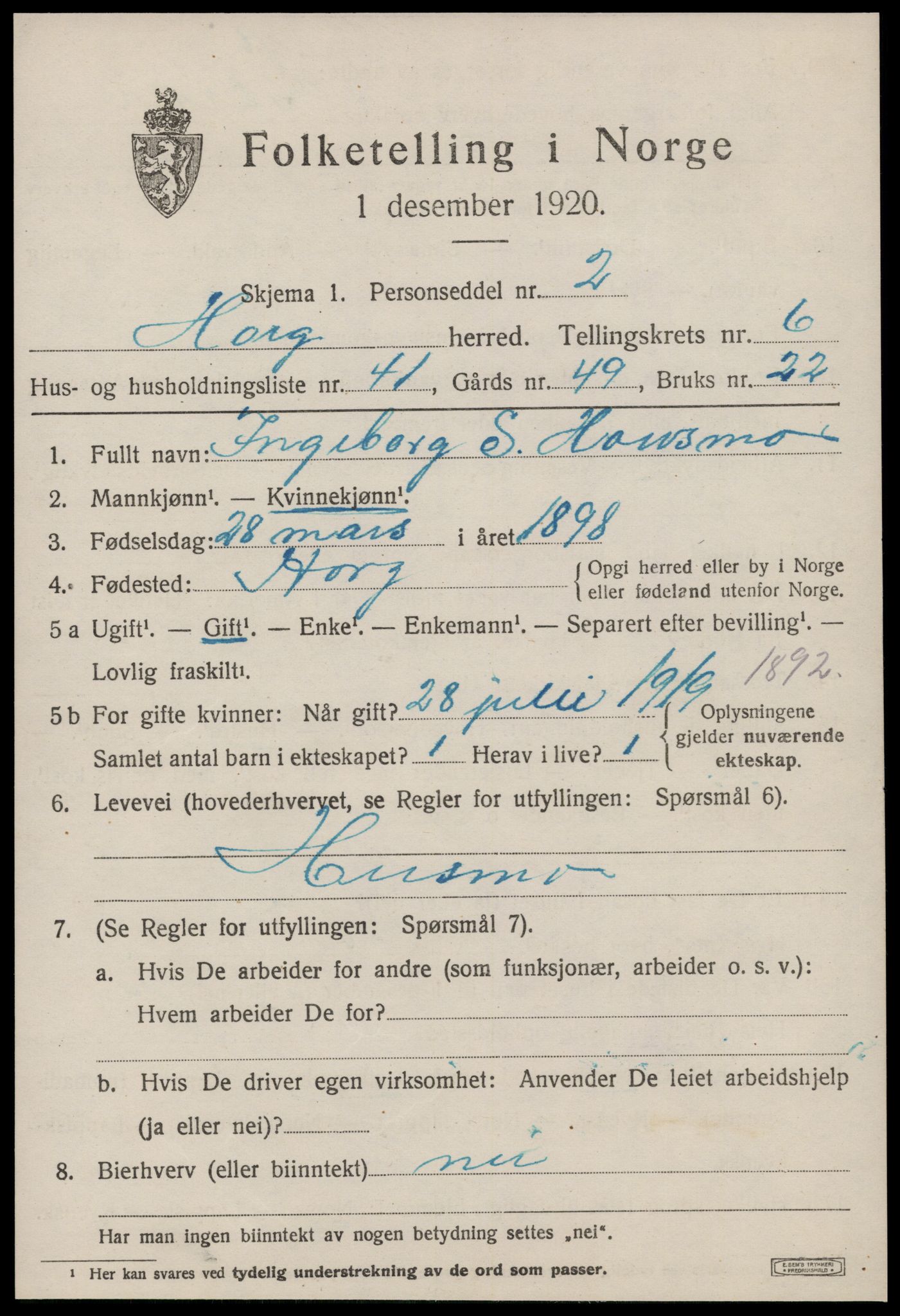 SAT, 1920 census for Horg, 1920, p. 4570