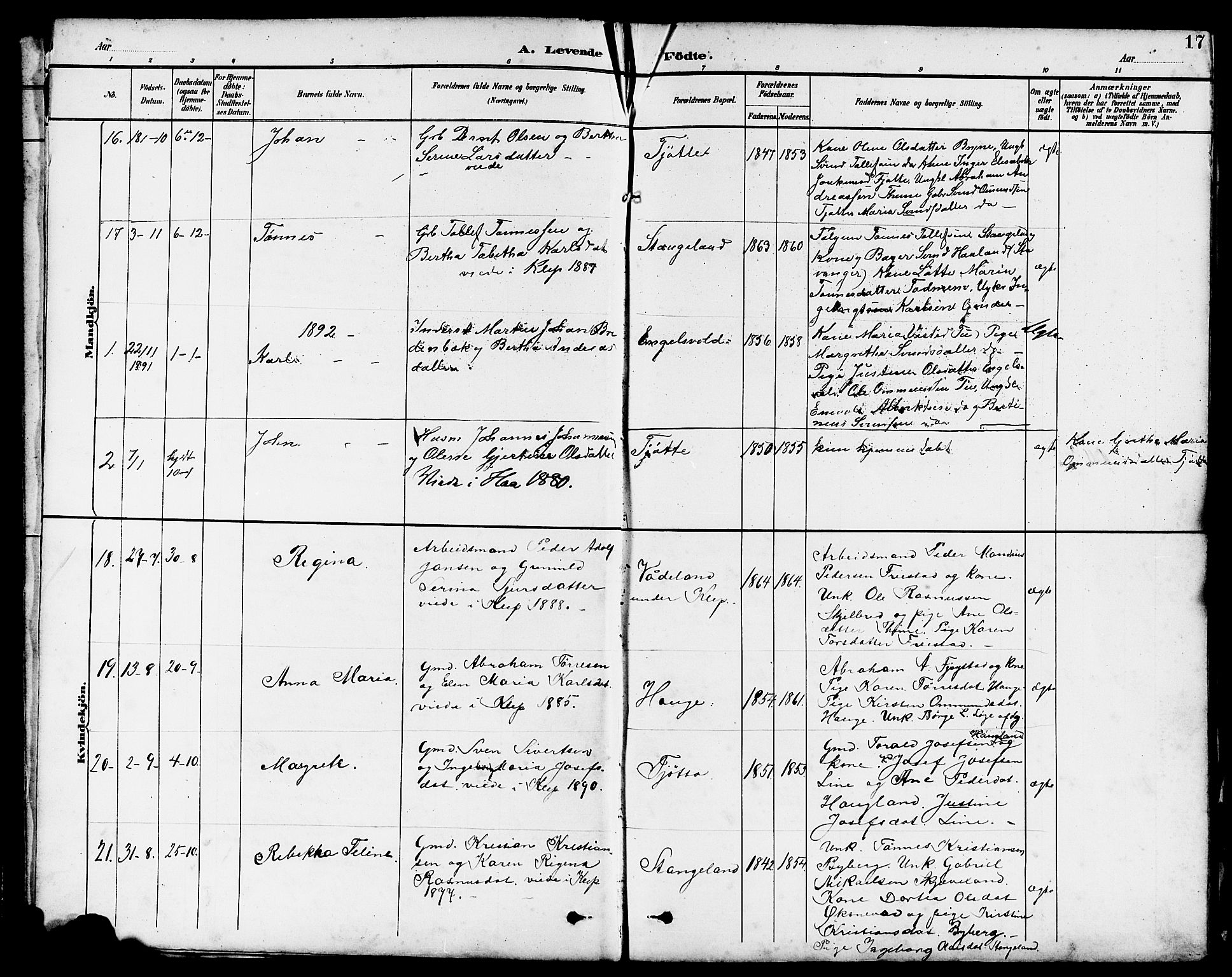 Klepp sokneprestkontor, SAST/A-101803/001/3/30BB/L0004: Parish register (copy) no. B 4, 1889-1914, p. 17