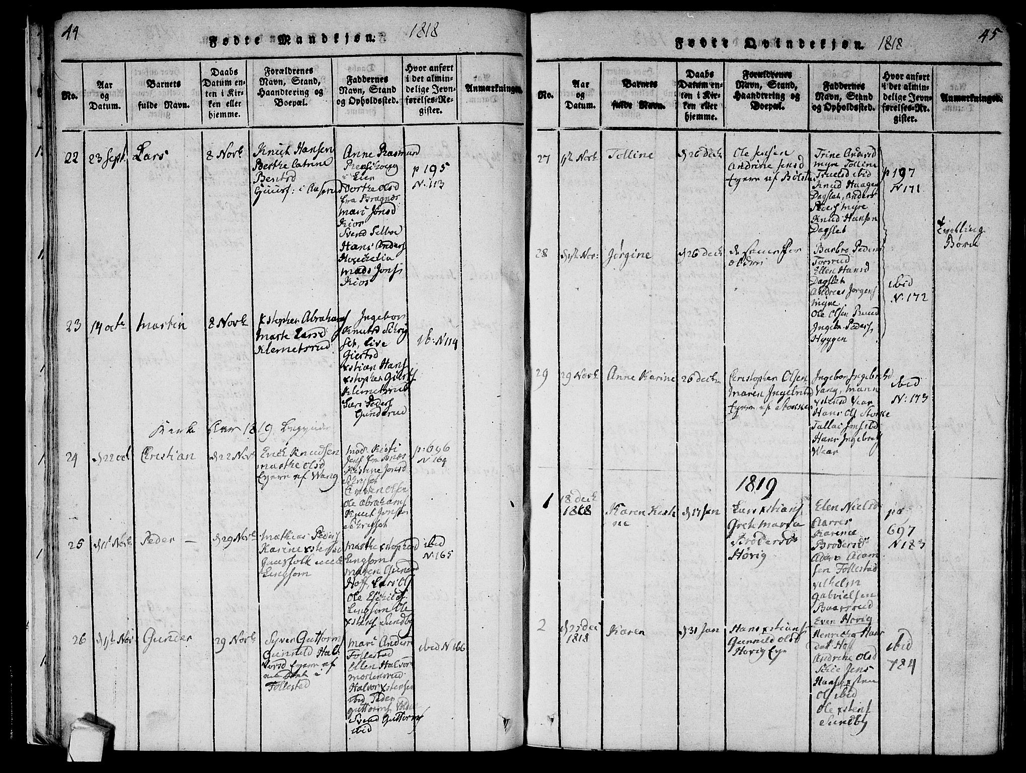 Røyken kirkebøker, AV/SAKO-A-241/F/Fa/L0004: Parish register (official) no. 4, 1814-1832, p. 44-45