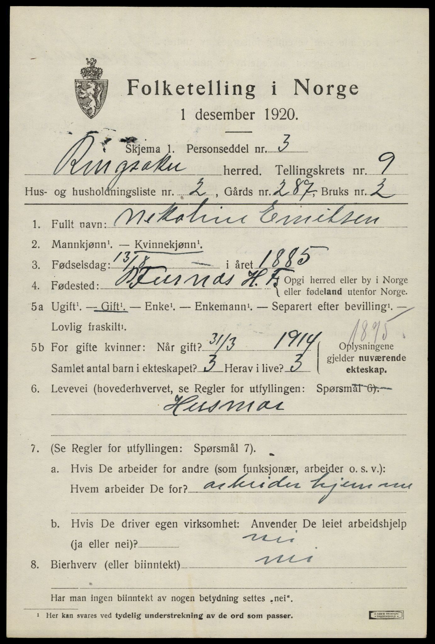 SAH, 1920 census for Ringsaker, 1920, p. 18074