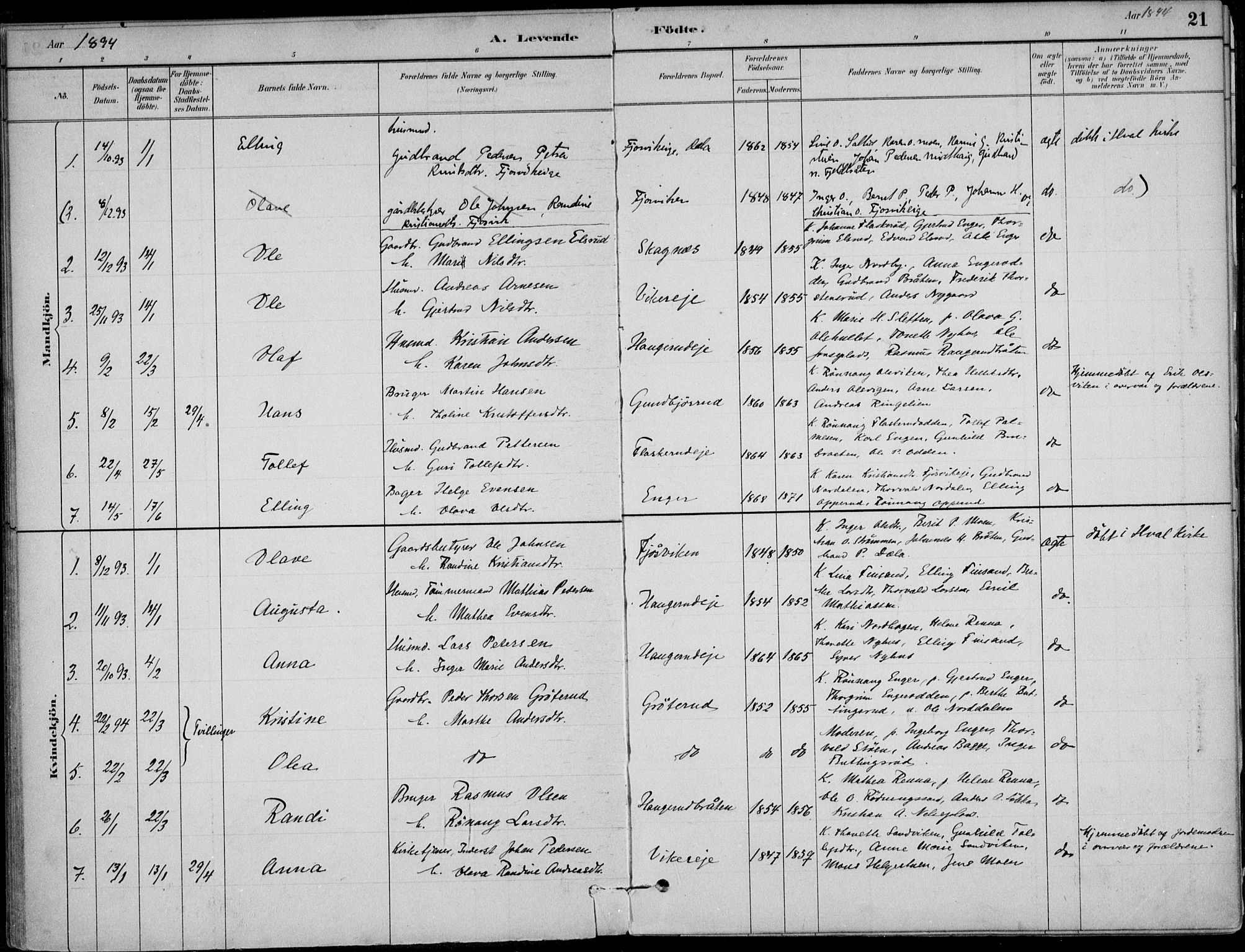 Ådal kirkebøker, AV/SAKO-A-248/F/Fa/L0003: Parish register (official) no. I 3, 1884-1903, p. 21