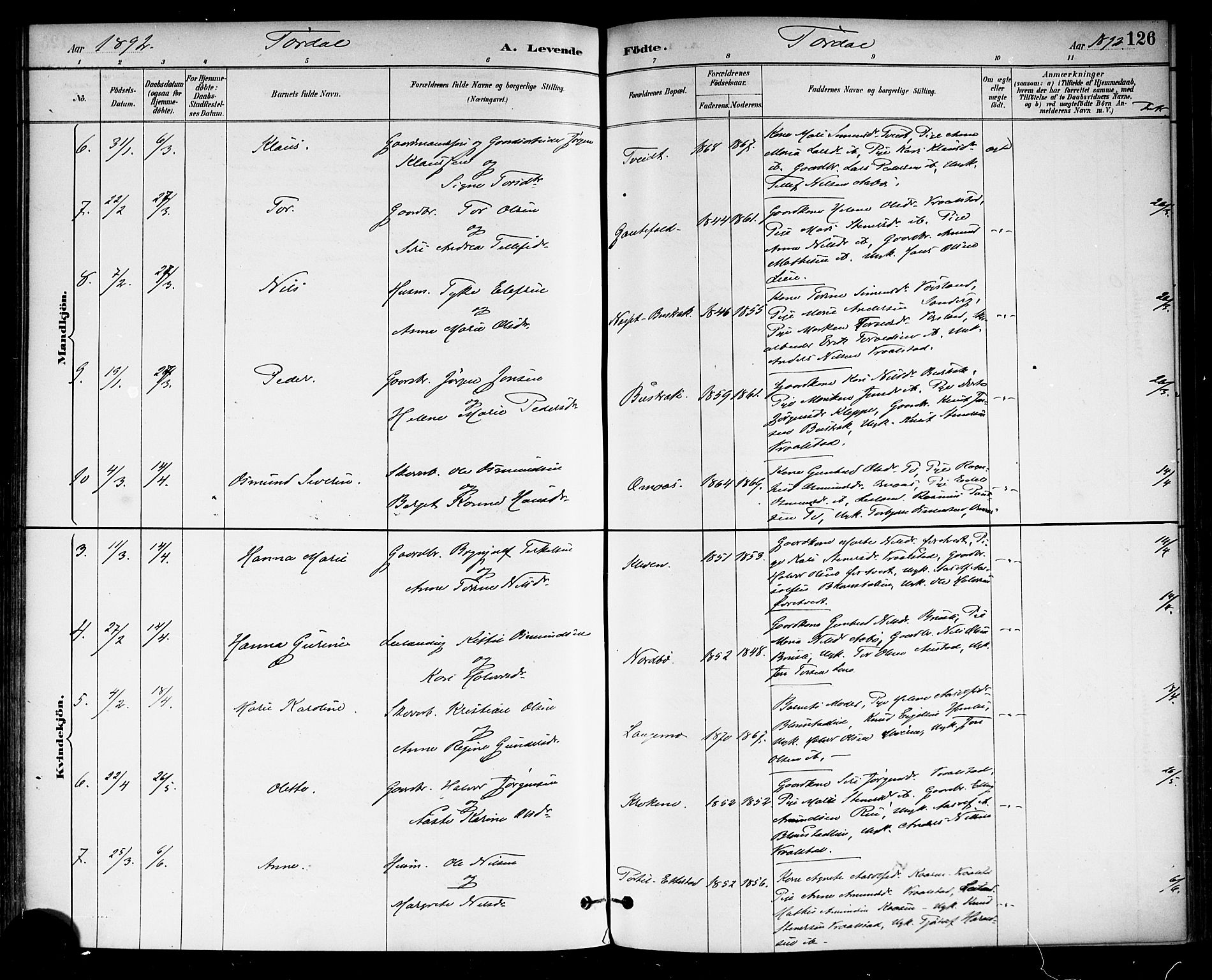 Drangedal kirkebøker, SAKO/A-258/F/Fa/L0010: Parish register (official) no. 10 /2, 1885-1894, p. 126