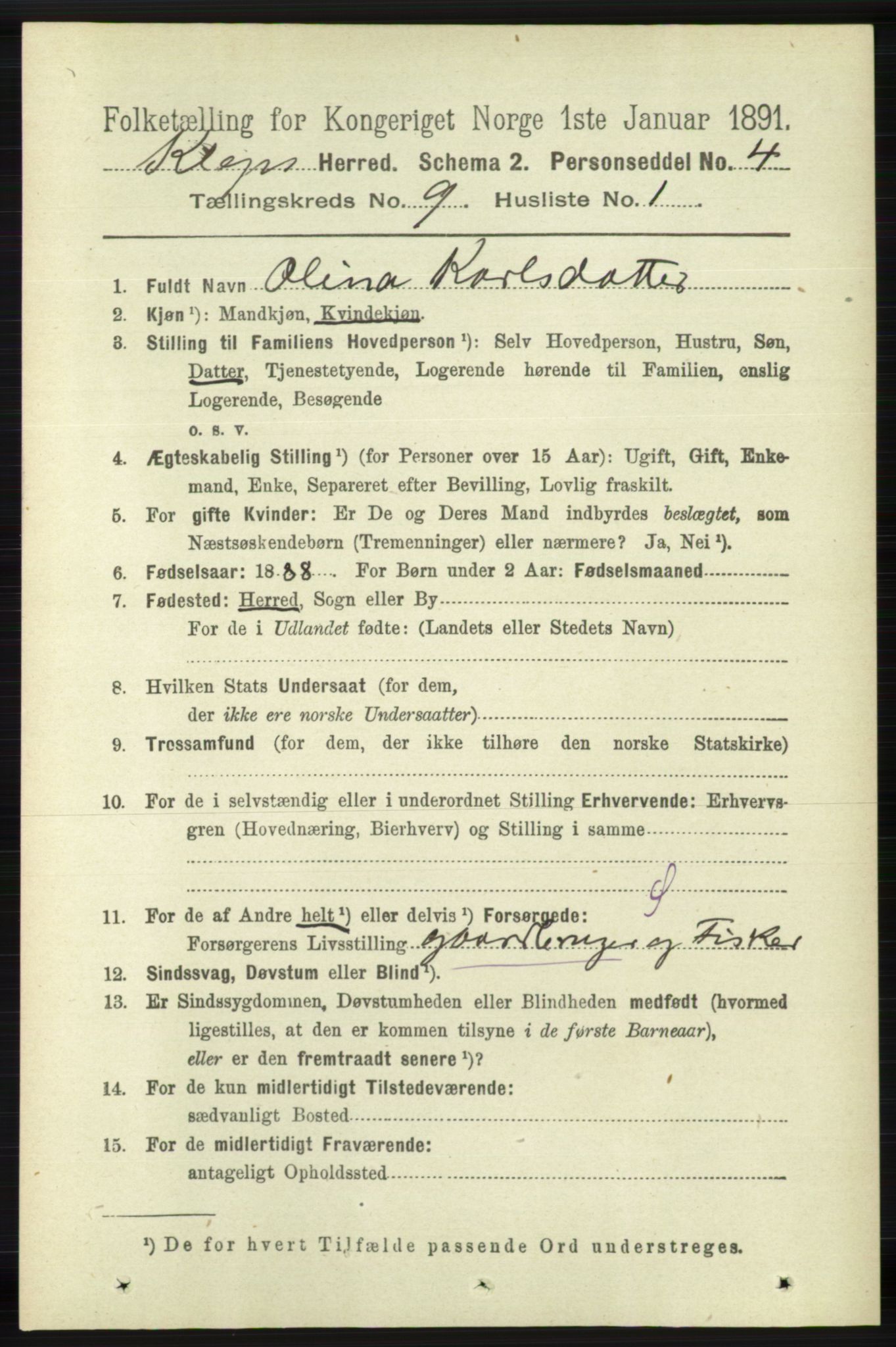 RA, 1891 census for 1120 Klepp, 1891, p. 2728