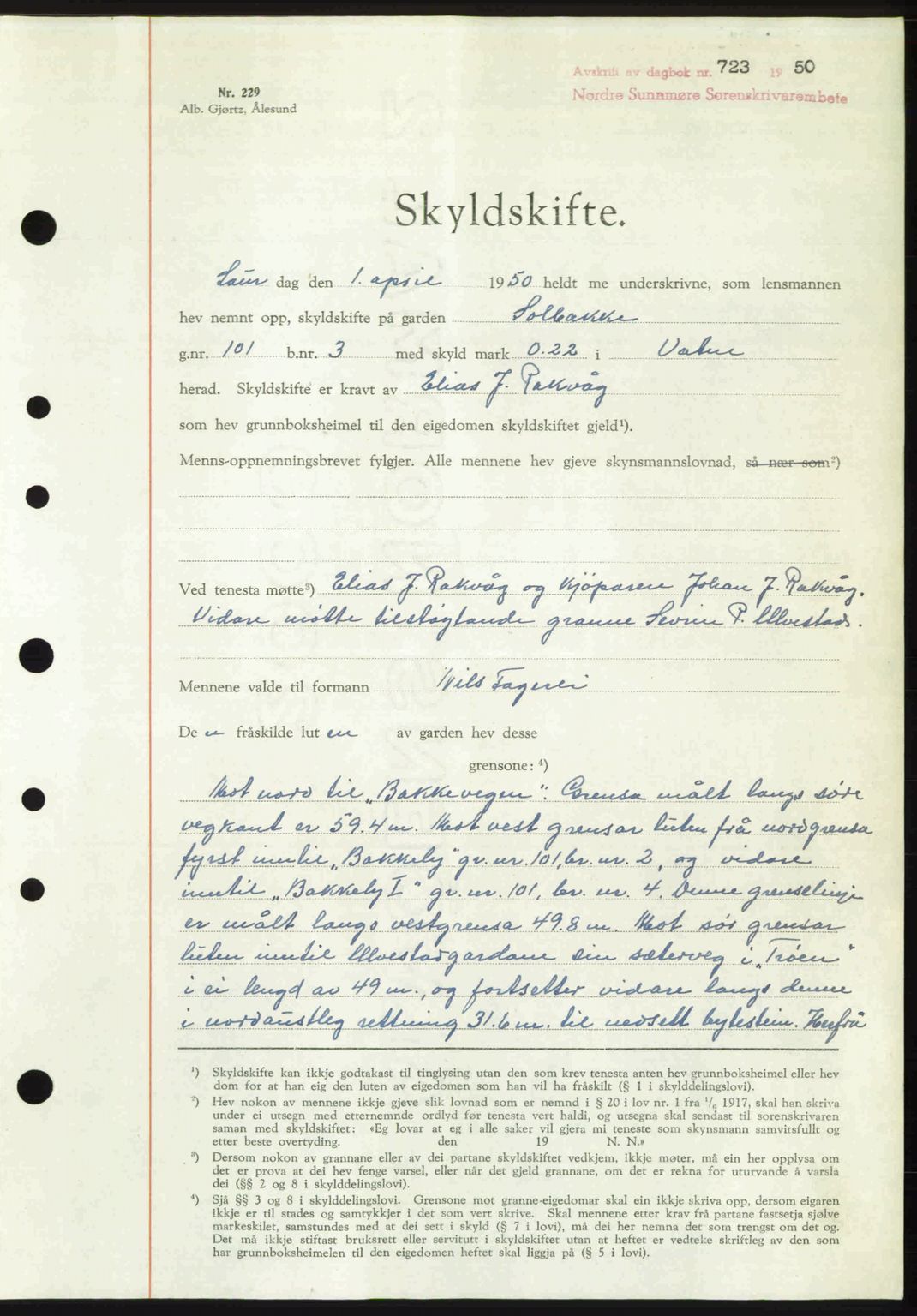 Nordre Sunnmøre sorenskriveri, AV/SAT-A-0006/1/2/2C/2Ca: Mortgage book no. A34, 1950-1950, Diary no: : 723/1950