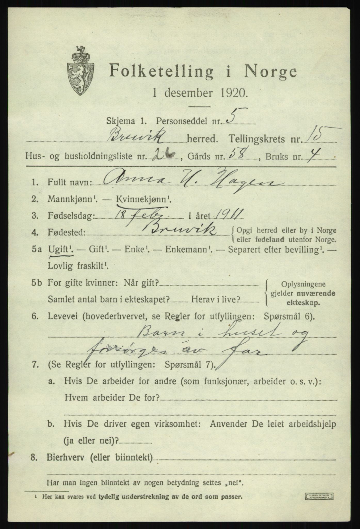 SAB, 1920 census for Bruvik, 1920, p. 9534