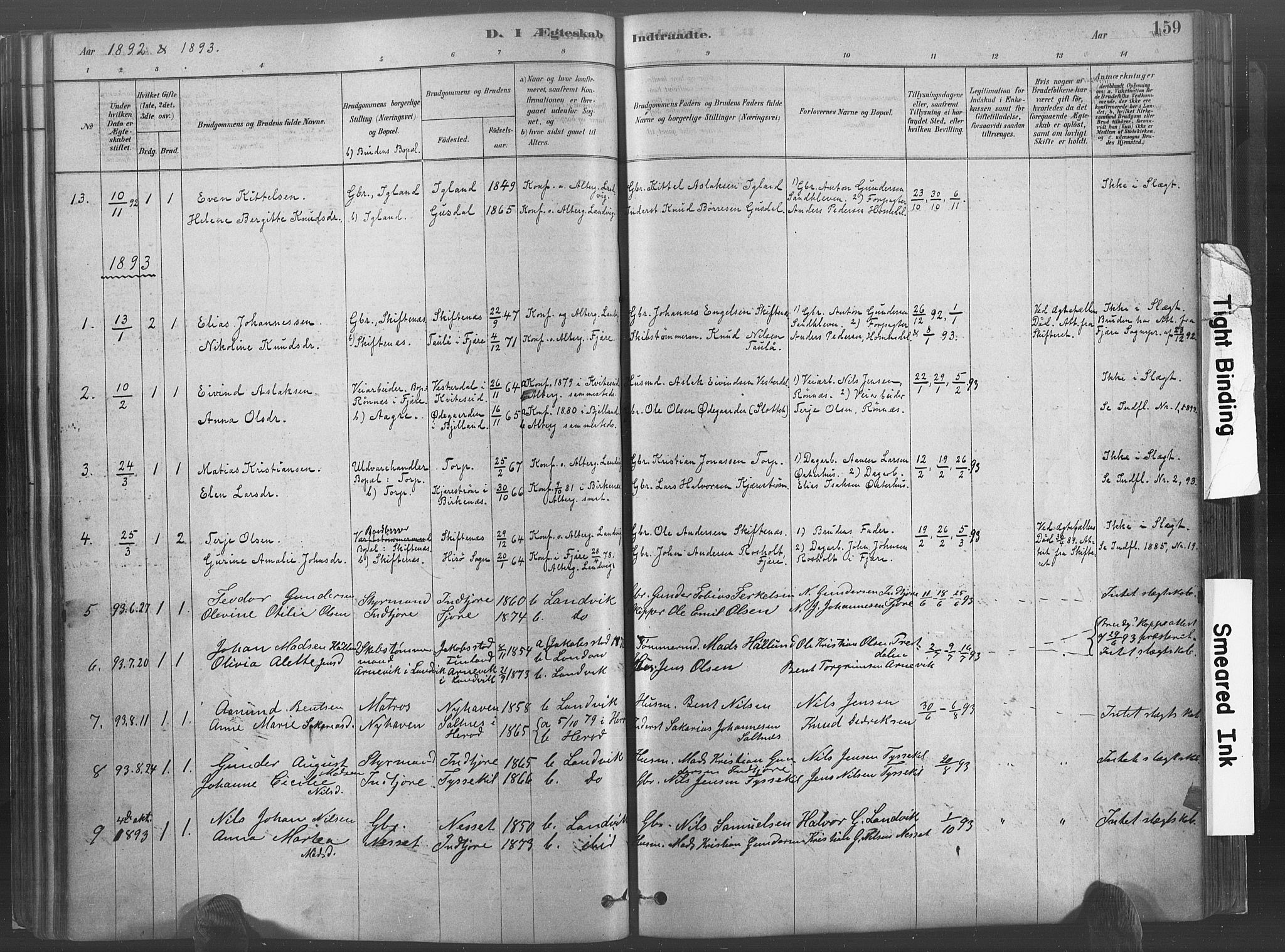 Hommedal sokneprestkontor, SAK/1111-0023/F/Fa/Fab/L0006: Parish register (official) no. A 6, 1878-1897, p. 159