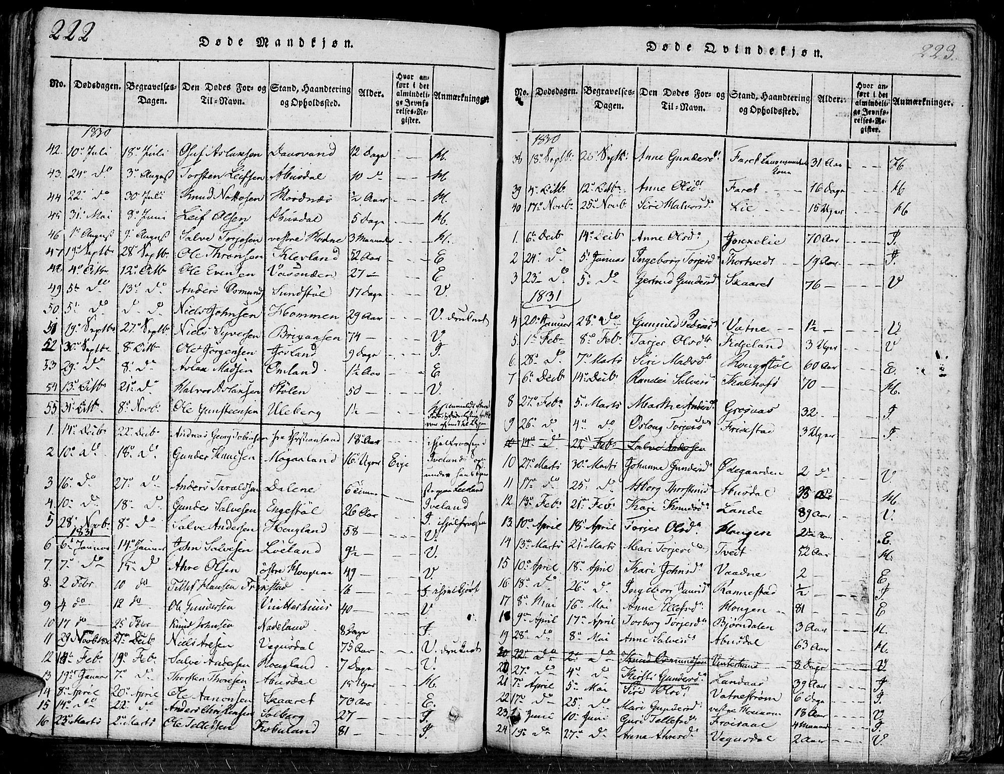 Evje sokneprestkontor, SAK/1111-0008/F/Fa/Faa/L0004: Parish register (official) no. A 4, 1816-1840, p. 222-223