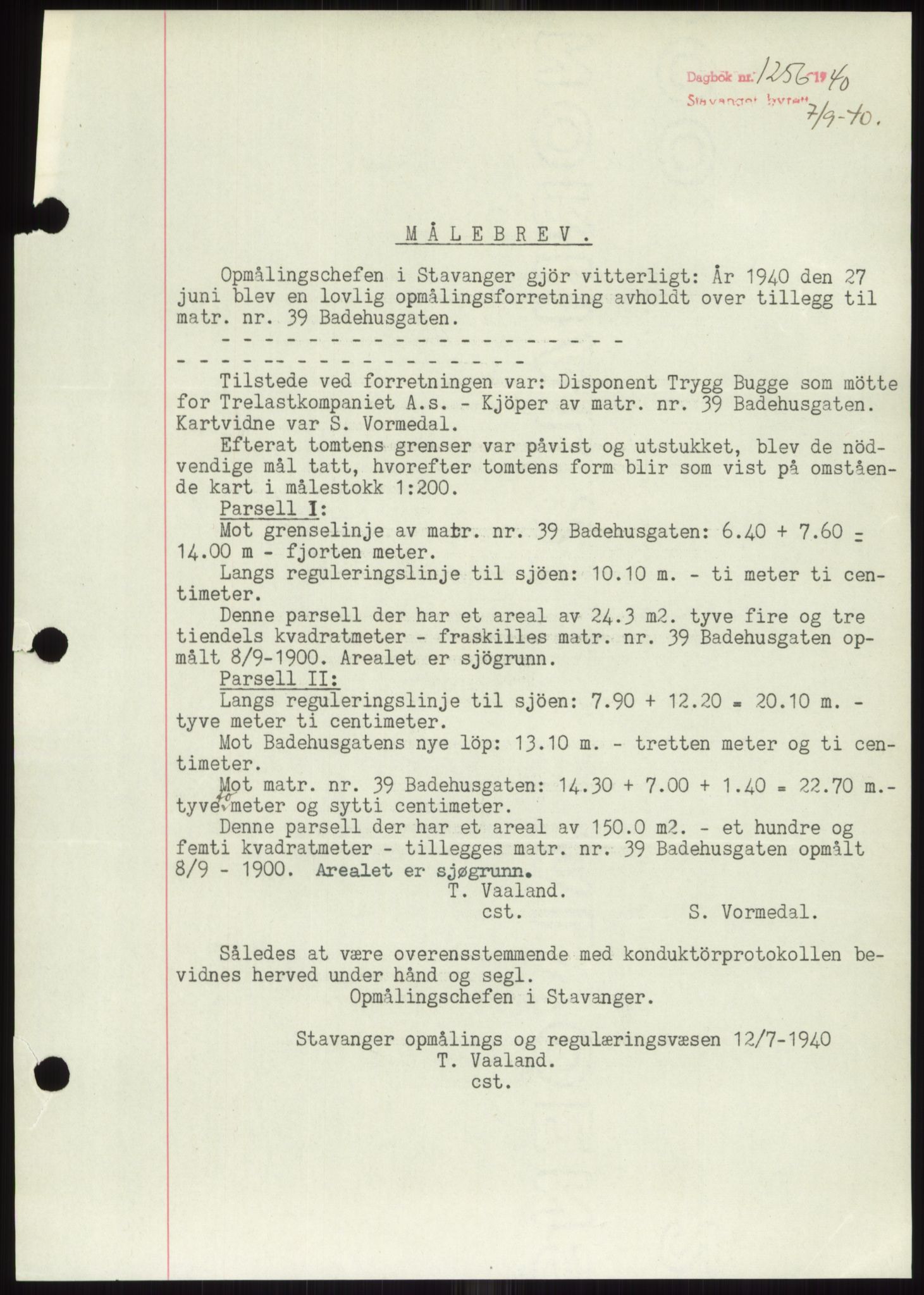 Stavanger byrett, SAST/A-100455/002/G/Gb/L0033: Mortgage book, 1936-1950, Diary no: : 1256/1940