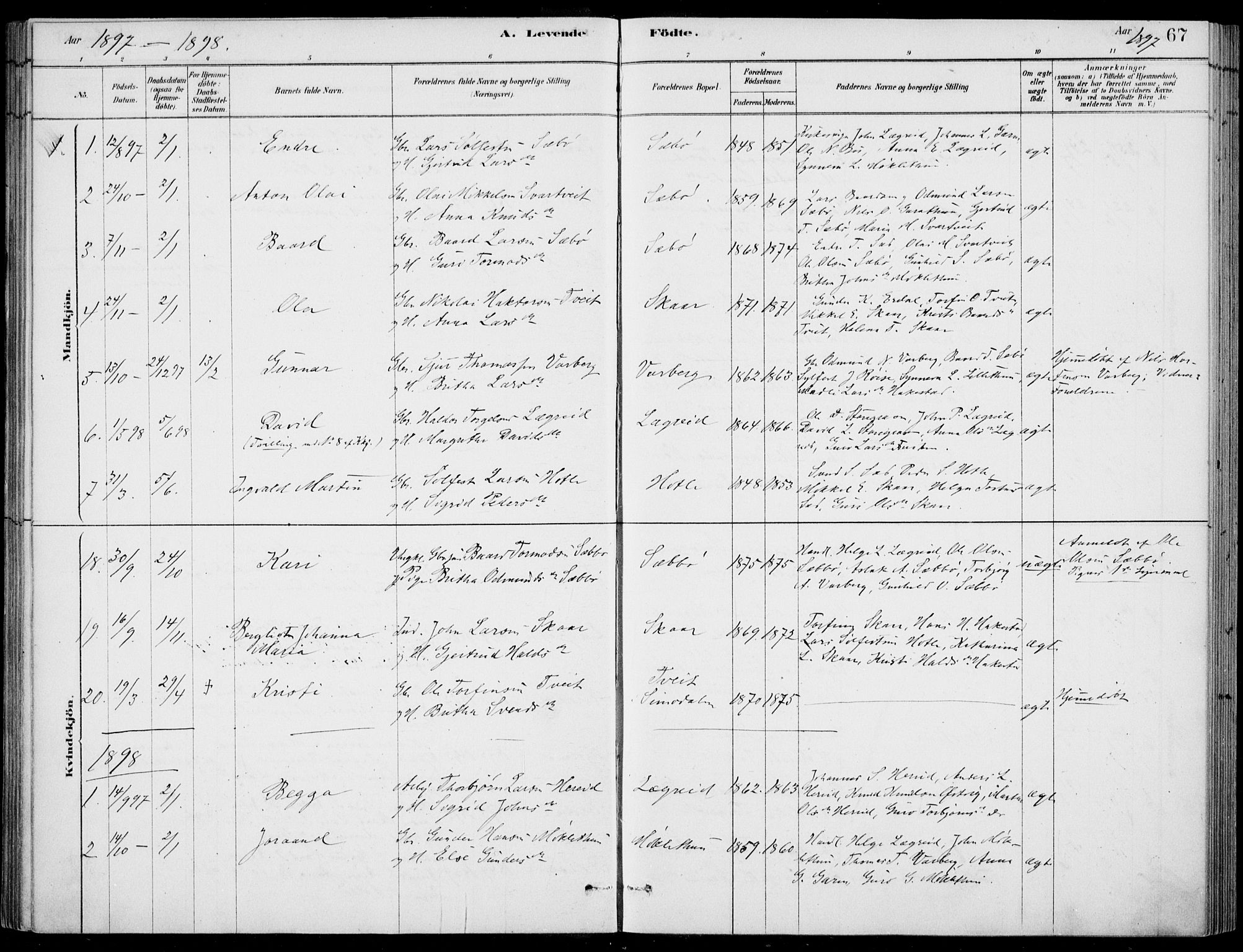 Ulvik sokneprestembete, AV/SAB-A-78801/H/Haa: Parish register (official) no. D  1, 1878-1903, p. 67